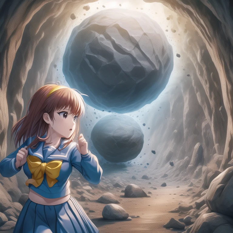 caveRock,running,rock,dungeon,fleeing,stone,stone wall,debris,indoors,(((massive sphere boulder))),(cowboyshot,close-up), fujisaki shiori, yellow hairband, , serafuku, long sleeves, pleated skirt,