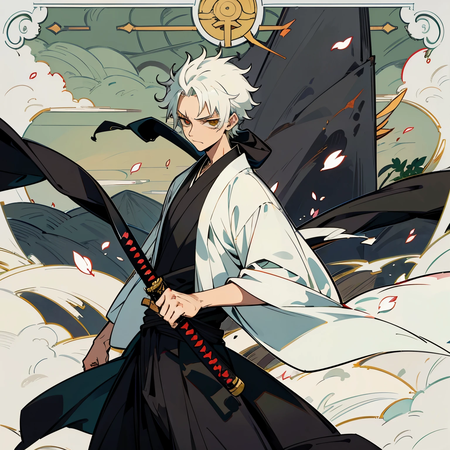 Zoro de One piece, Create a 20-year-old boy with a hip-length kimono, PELO VERDE, scar on the eyelid of the left eye, se observa toda su cara. Sentado bajo un cerezo que tiene 3 katanas, una blanca, una negra, una negra, with the background of mountains, many petals fall