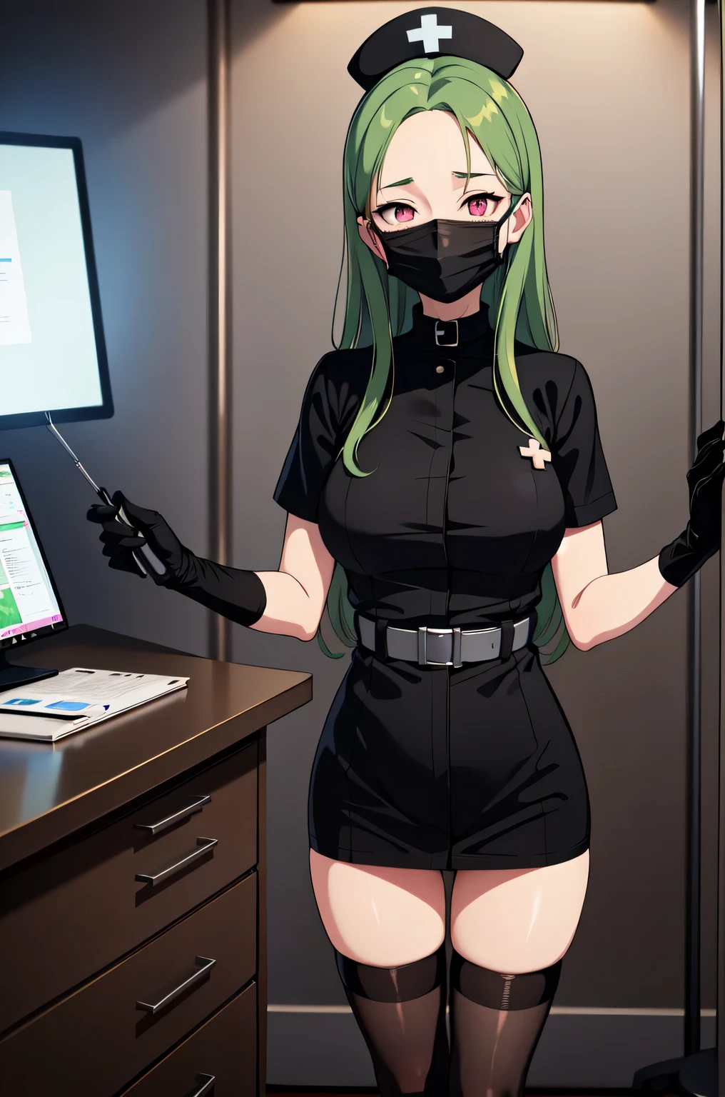 black nurse, 1woman, solo, black nurse cap, black nurse uniform, ((black legwear, zettai ryouiki)), black elbow gloves, forehead, long hair, green hair, pink eyes, ((black surgical mask, covered nose)), standing, ((surgery room)), sharp outline, short sleeves, mature female, 35 years old, best quality, masterpiece