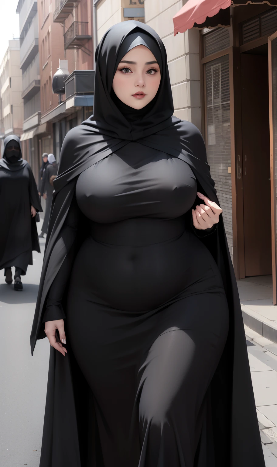 woman in black dress and hijab walking down the street, wearing black clothes and cape, hijab outfit, with a long black cape, hijab fashion model, plus size, plus size woman, wearing black robe, woman in black robes, beautiful burqa's woman, thicc, black outfit,, wearing a black robe, black, with cape, bbwchan