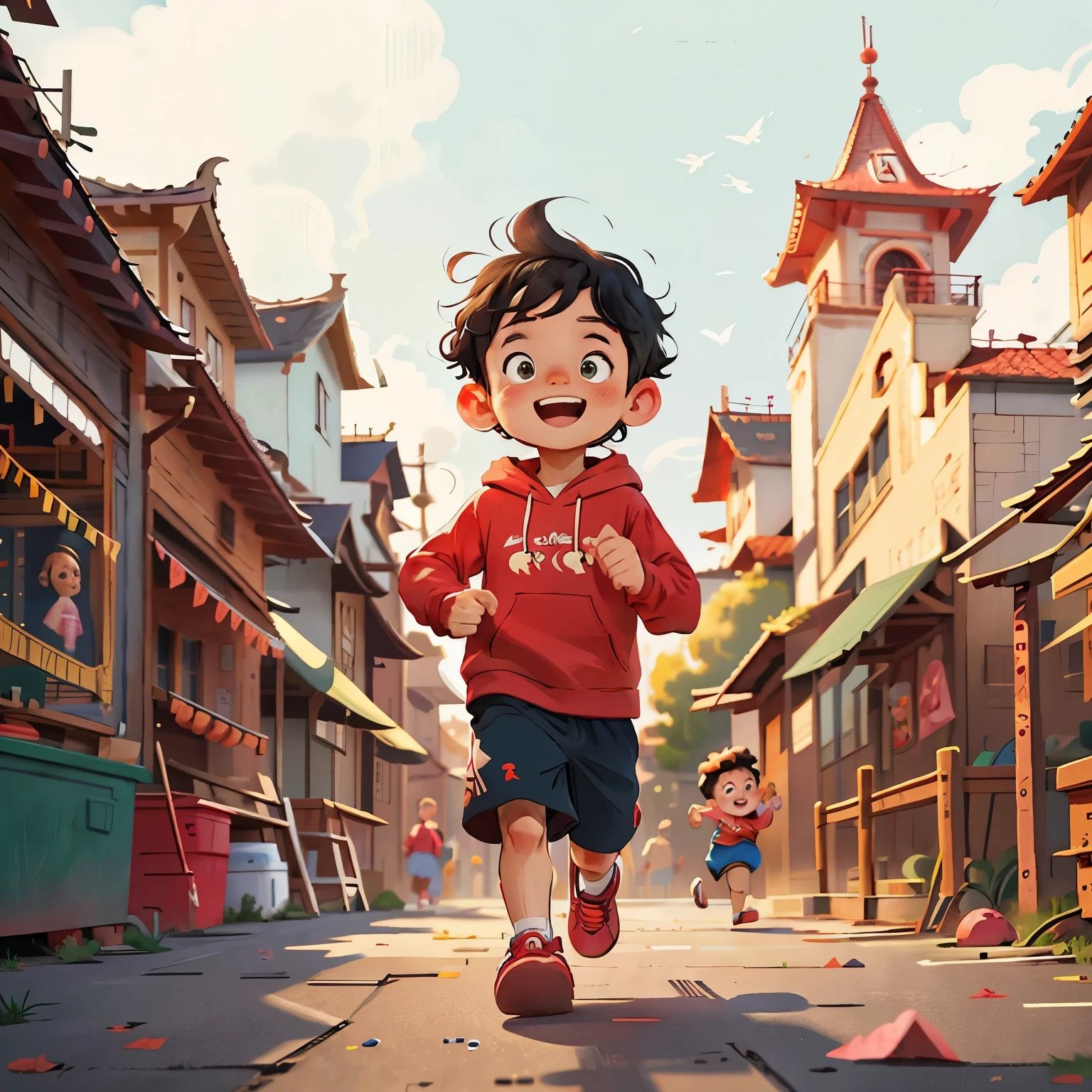 a running boy and a running boy ，Red hoodie，black hair，school playground，Cheerful，rejoice，Perfect quality，Clear focus（clutter - home：0.8）， （masterpiece：1.2） （realistically：1.2） （Bokeh） （best quality） （Delicate skin：1.3） （intricate details） （8K） （Detailed eyes） （sharp focus）,（having fun）