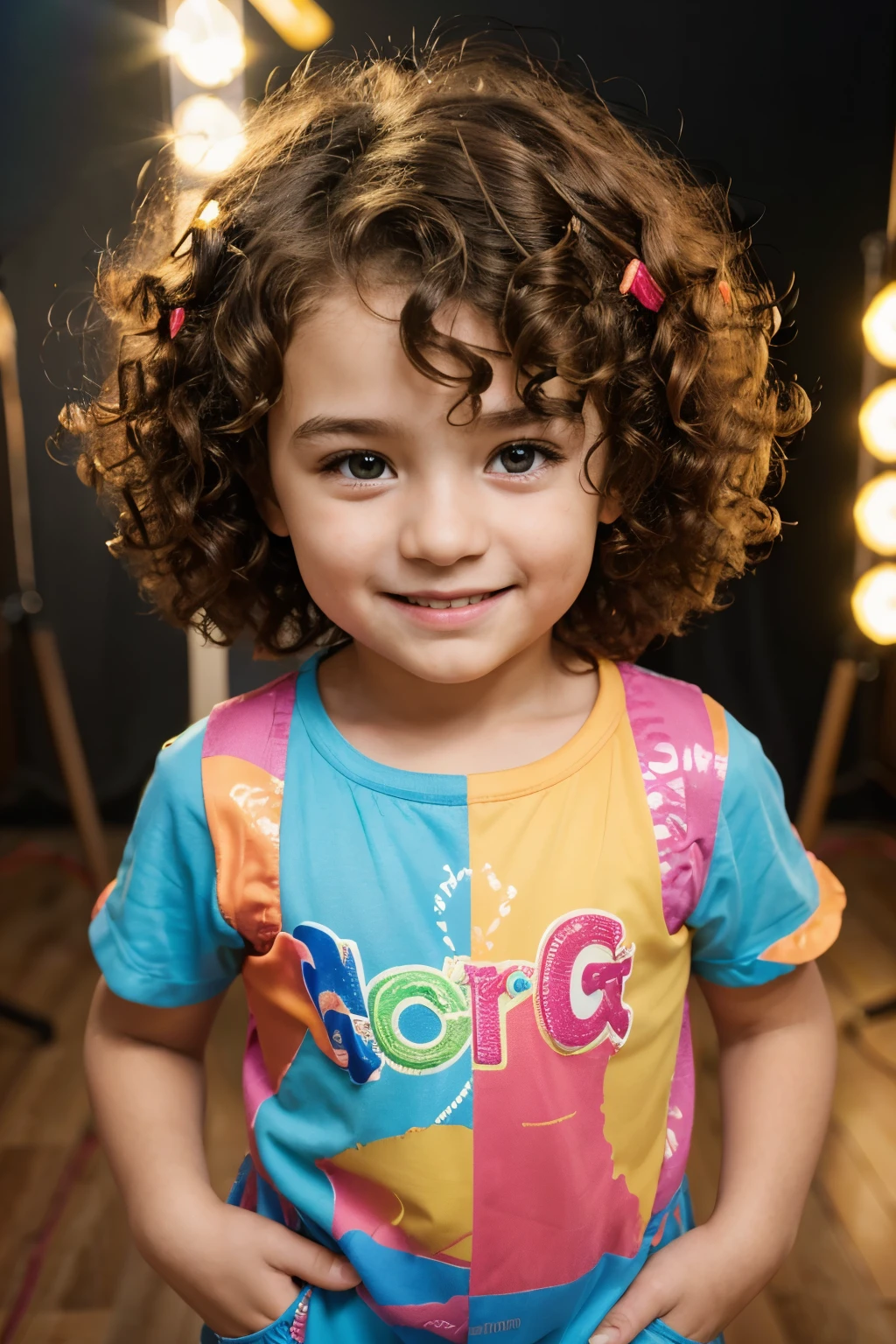 (best quality,highres),3--old  with curly hair in a photo studio, cheerful expression, vibrant colors, professional lighting, detailed curly hair, cute outfit, clear focus, vivid colors, happy atmosphere, portrait style