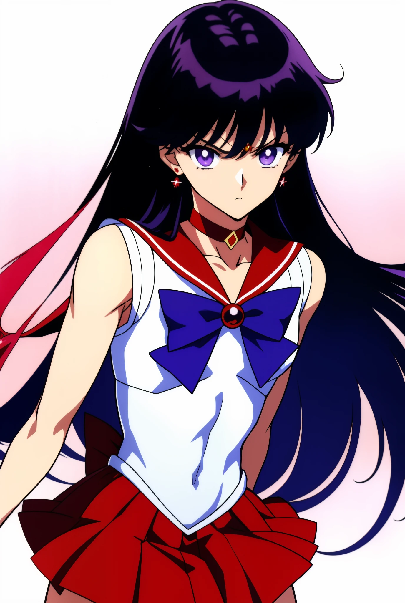 highest quality anime art、masterpiece、high definition anime art、4Kstyle、High resolution、sailor mars、anime boy、かっこいいanime boy、gender change、gender change(girl to boy)、sailor warrior uniform、Rei Hino、Masculinization、solo、red sailor collar、blue bow tie、boy with very long black hair、flames around him、skirt、magical boy、red choker、white leotard、high leg leotard、white dress, traditional_media、fire、liparker_(medium)、red skirt、neck、Upper body、burning、elbow bag、wearing makeup、jewelry、golden circlet、glaring at、white gloves、eyelash、red lipstick、mocking、muscular man、flame、blue_bow、mini skirt、pleated skirt、bare shoulders、red_back_bow、muscular and strong body、blue_bow_tie、earrings、boy with purple eyes、black eyed boy、multicolored_background、covered_navel、Hymn to the King as a Prince、(1990s\(style\):0.9)