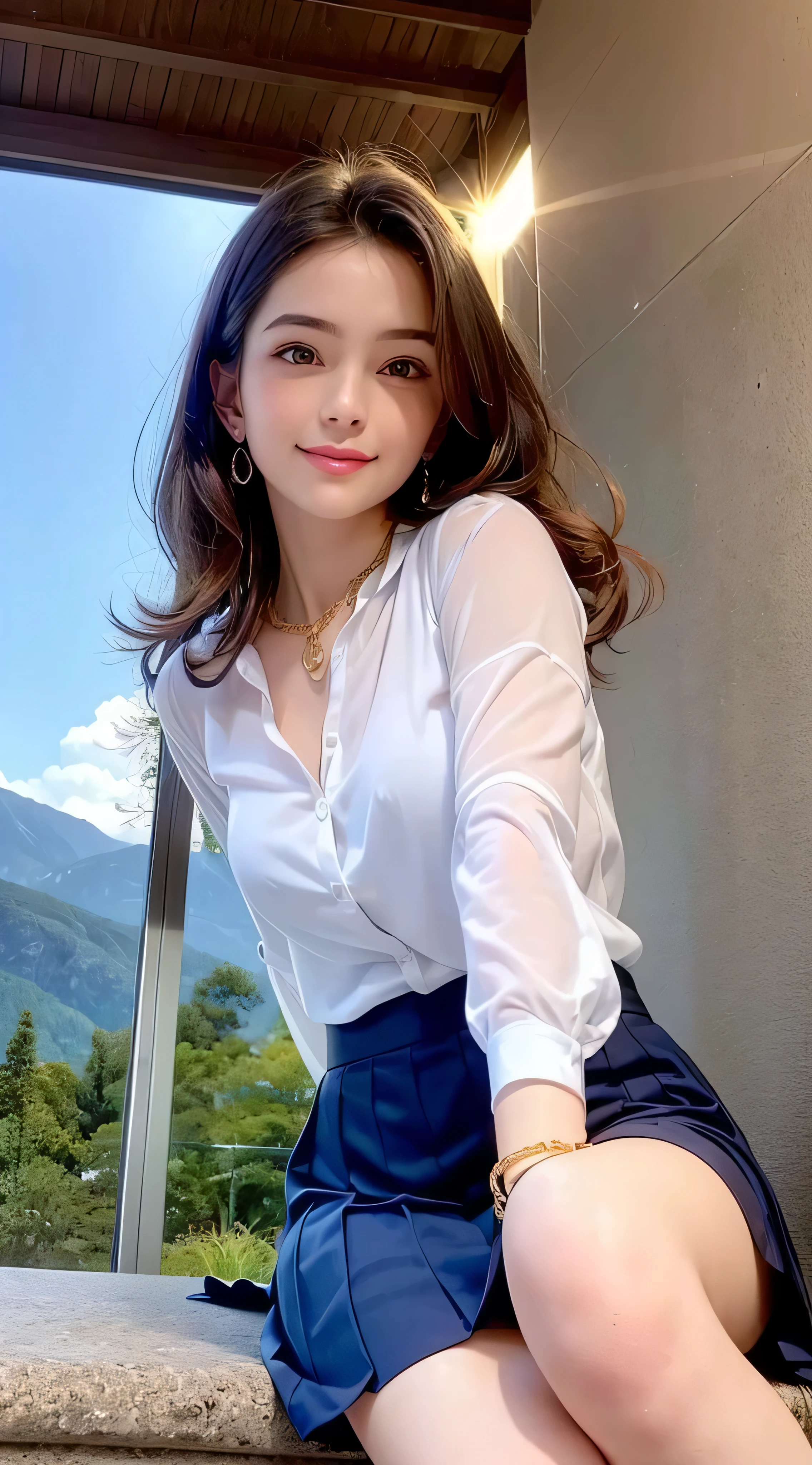 look down at the viewer,((from below:1.5)),1 girl, very cute, wonderful face and eyes, (nice nice smile), (Highly detailed beautiful face), bright and glossy lips, please keep looking at me, super beautiful, (school uniform:1.3), (highest quality:1.4), (hyper quality), (Super detailed), (surreal, Photoreal:1.37), real skin texture, High resolution CG integrated 8k wallpapers, Raw photo, professional photos, cinematic lighting,((Super long brown hair:1.2))((Hair with loose waves on the inside:1.2)),((gold necklace_big earrings:1.2)),((shy smile:1.3)),((((she is wearing transparent, Elegant blouse with fluffy sleeves.,I'm wearing a white hyper short mini shirt with a sheer feel.:1.2))),legs are tightly closed、((sitting with my back to the top of the mountain_blue sky and white clouds,Light of the sun:1.2)),