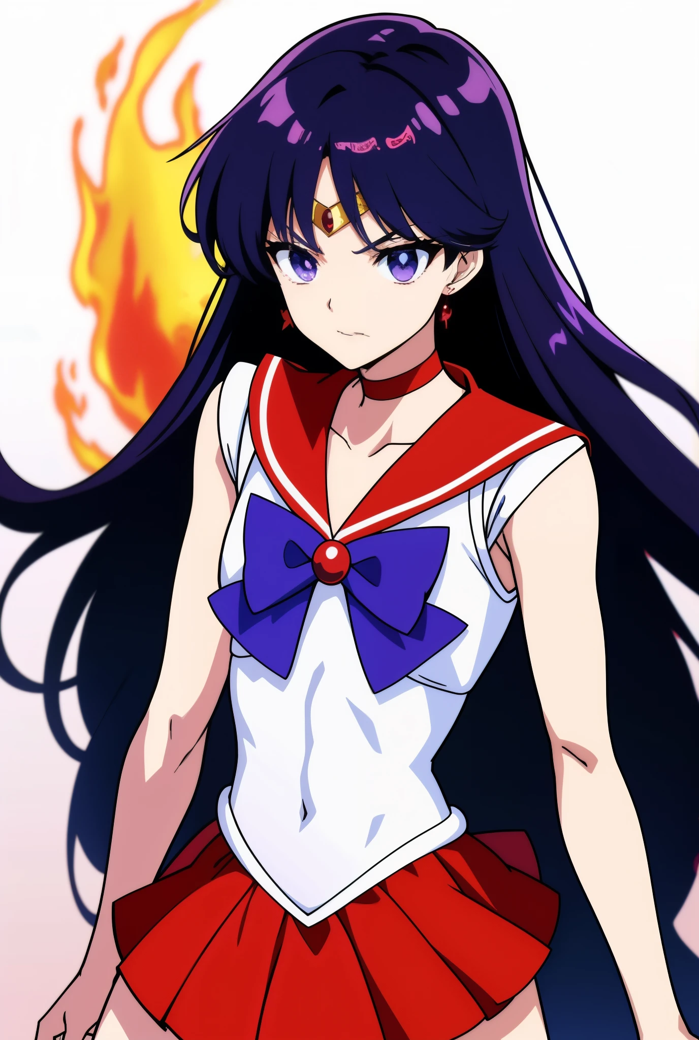 highest quality anime art、masterpiece、high definition anime art、4Kstyle、High resolution、sailor mars、anime boy、かっこいいanime boy、gender change、gender change(girl to boy)、sailor warrior uniform、Rei Hino、Masculinization、solo、red sailor collar、blue bow tie、boy with very long black hair、flames around him、skirt、magical boy、red choker、white leotard、high leg leotard、white dress, traditional_media、fire、liparker_(medium)、red skirt、neck、Upper body、burning、elbow bag、wearing makeup、jewelry、golden circlet、glaring at、white gloves、eyelash、red lipstick、mocking、muscular man、flame、blue_bow、mini skirt、pleated skirt、bare shoulders、red_back_bow、muscular and strong body、blue_bow_tie、earrings、boy with purple eyes、black eyed boy、multicolored_background、covered_navel、Hymn to the King as a Prince、(1990s\(style\):0.9)