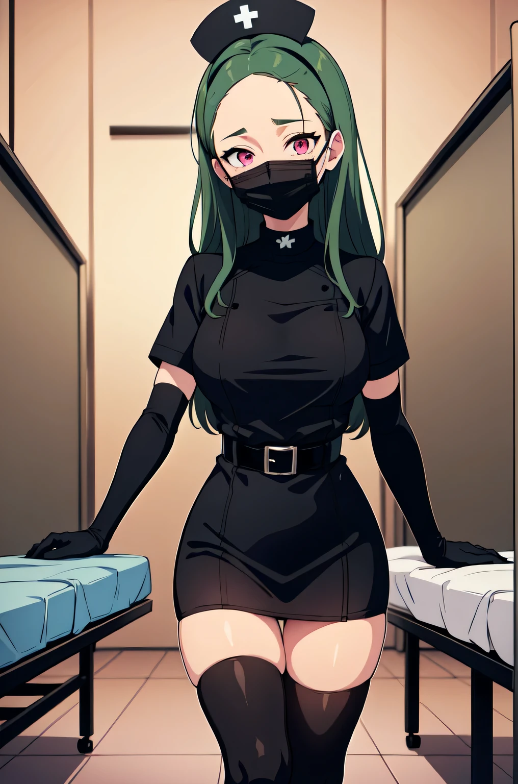 black nurse, 1woman, solo, black nurse cap, black nurse uniform, ((black legwear, zettai ryouiki)), black elbow gloves, forehead, long hair, green hair, pink eyes, ((black surgical mask, covered nose)), standing, ((surgery room)), sharp outline, short sleeves, mature female, 35 years old, best quality, masterpiece