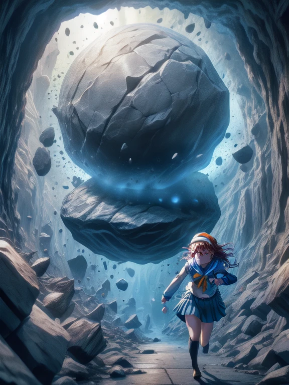 caveRock,running,rock,dungeon,fleeing,stone,stone wall,debris,indoors,(((massive sphere boulder))),(cowboyshot,close-up), fujisaki shiori, yellow hairband, , serafuku, long sleeves, pleated skirt,
