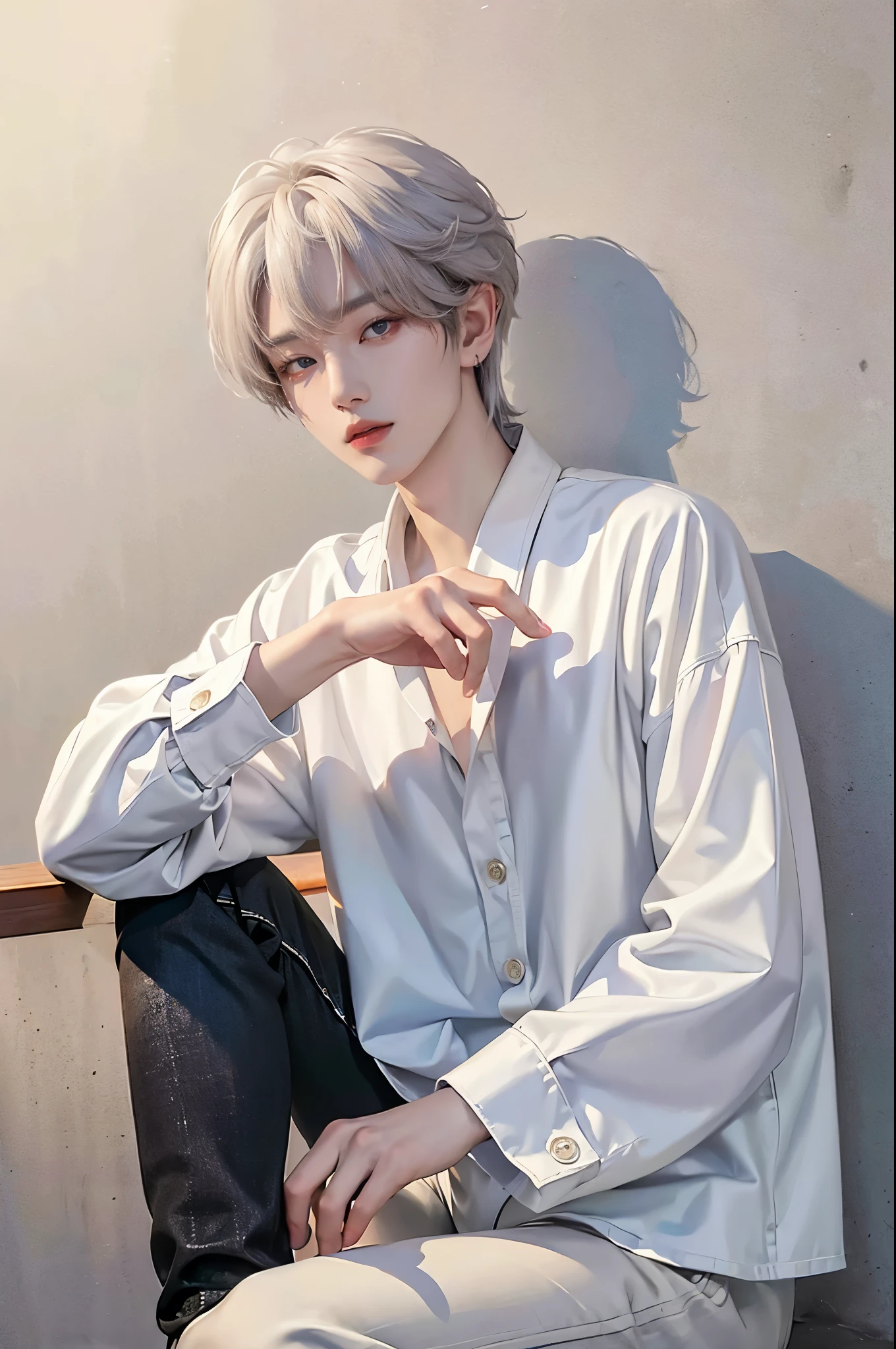 masterpiece、(top-quality)、((high-level image quality))、One Manly Boy、Slim body、((White Y-shirt and long black pants))、(Detailed beautiful eyes)、Stylish city background、sitting on a curb、Face similar to Chaewon in Ruseraphim、((short hair above the ears,))、((Short hair that is being trimmed))、((Smaller face))、((Neutral face))、((Bright white hair and bright red eyes))、((Ruby eyes))、((Korean boy))、((18year old))、((Handsome man))、((Wild look))、((Korean Makeup))、((elongated and sharp eyes))、((Sit in front of the viewer))、((Photograph him from afar))