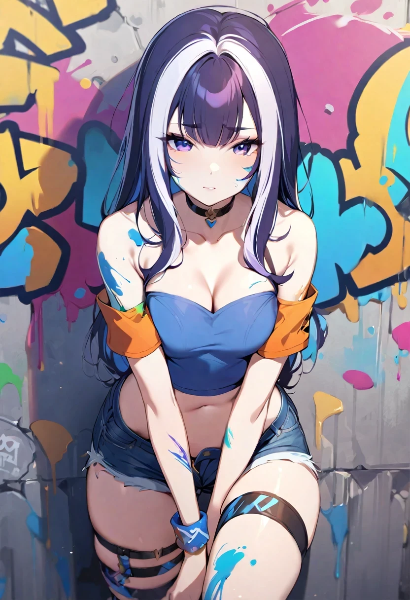 (((shy lily))),, masterpiece, best quality, 1 girl, alone, crop top, Denim shorts, collar, (Graffiti:1.5), paint splatter, against the wall, looking at the audience, armband, thigh strap, Apply to body, head tilt, boring, colorful hair, Cute eyes,