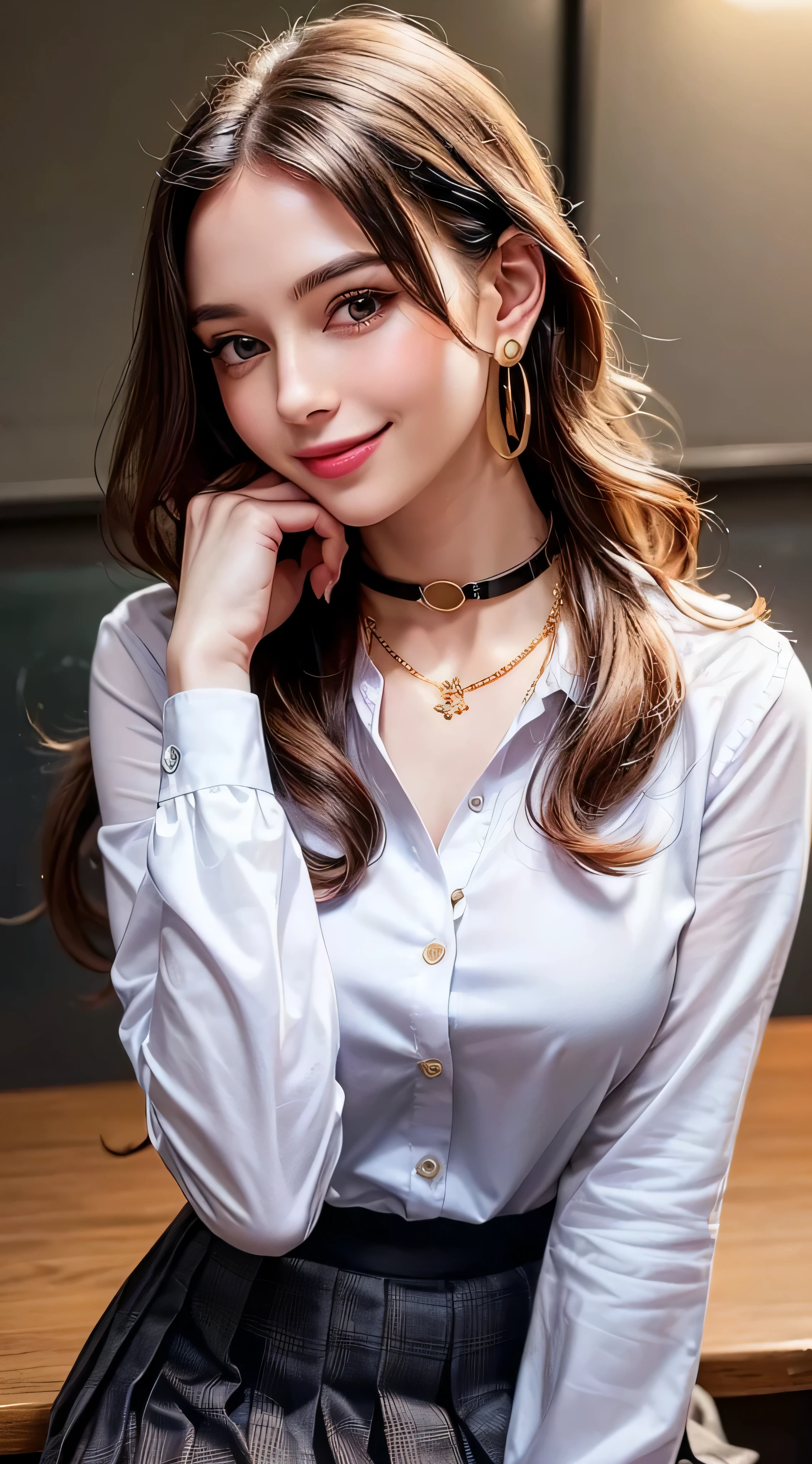 1 girl, very cute, wonderful face and eyes, (nice nice smile), (Highly detailed beautiful face), bright and glossy lips, please keep looking at me, super beautiful, (school uniform:1.3), (highest quality:1.4), (hyper quality), (Super detailed), (surreal, Photoreal:1.37), real skin texture, High resolution CG integrated 8k wallpapers, Raw photo, professional photos, cinematic lighting,((Super long brown hair:1.2))((Hair with loose waves on the inside:1.2)),((gold necklace＿Larger earrings:1.2)),((shy smile:1.3)),((white long sleeve button up blouse_with collar_Delete up to the second button＿brown pleated mini skirt:1.3)),