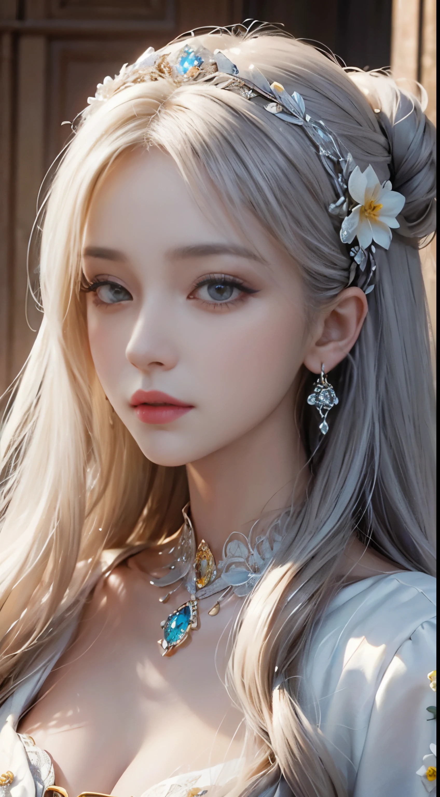 masterpiece,best high resolution,Dynamic bust of a beautiful royal lady,Long white hairstyles,Clear amber eyes,The hair is covered with beautiful and delicate floral crafts, crystal jewelry filigree,super detailed details,Upscaled。