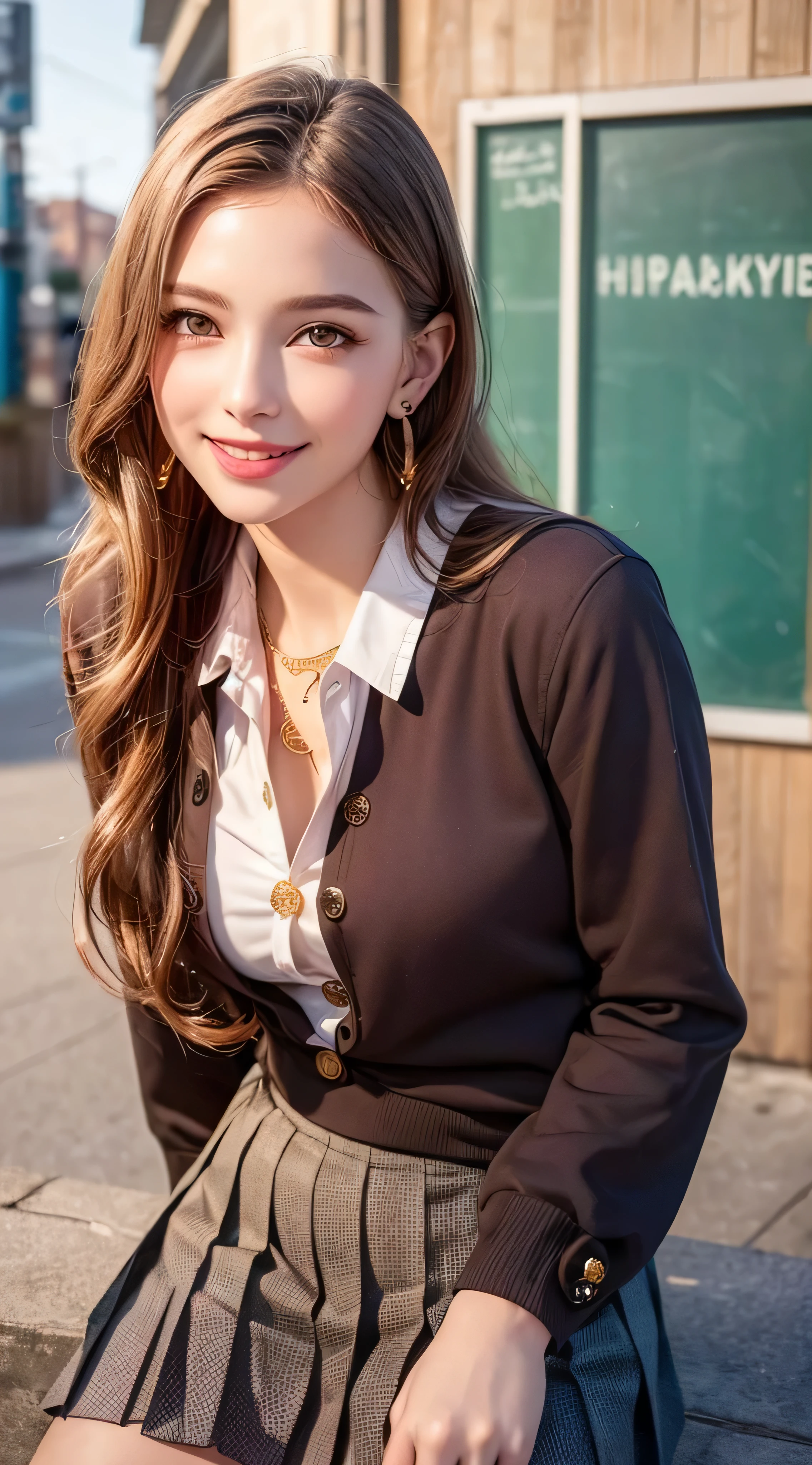 1 girl, very cute, wonderful face and eyes, (nice nice smile), (Highly detailed beautiful face), bright and glossy lips, please keep looking at me, super beautiful, (school uniform:1.3), (highest quality:1.4), (hyper quality), (Super detailed), (surreal, Photoreal:1.37), real skin texture, High resolution CG integrated 8k wallpapers, Raw photo, professional photos, cinematic lighting,((Super long brown hair:1.2))((Hair with loose waves on the inside:1.2)),((gold necklace＿Larger earrings:1.2)),((shy smile:1.3)),((white long sleeve button up blouse_with collar_Delete up to the second button＿brown pleated mini skirt:1.3)),