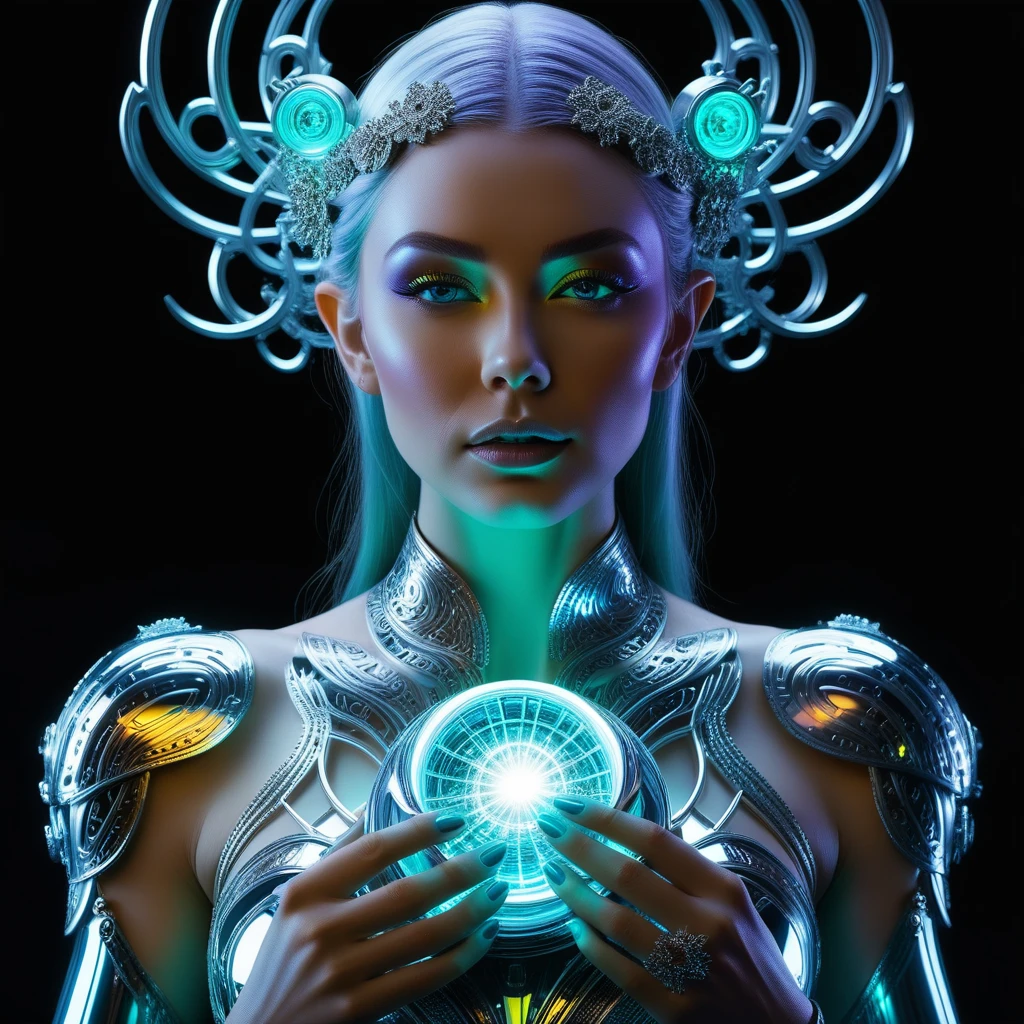 Full body, low angle, wide angle, insanely hyper-detailed and intricate realistic, corrupted female, ((black-gold glowing tattoo on shoulder)), messy platinum hair, sunny, active pose, long legs, slender body, ice flowers (((luminescent circuitry patterns that glow with an eerie blue hue))), detailed face, detailed skin, front, frozen forest in background, choker, hyperdetailed painting, luminism, Bar lighting, complex, 16k resolution concept art portrait by Greg Rutkowski, Alphonse Mucha