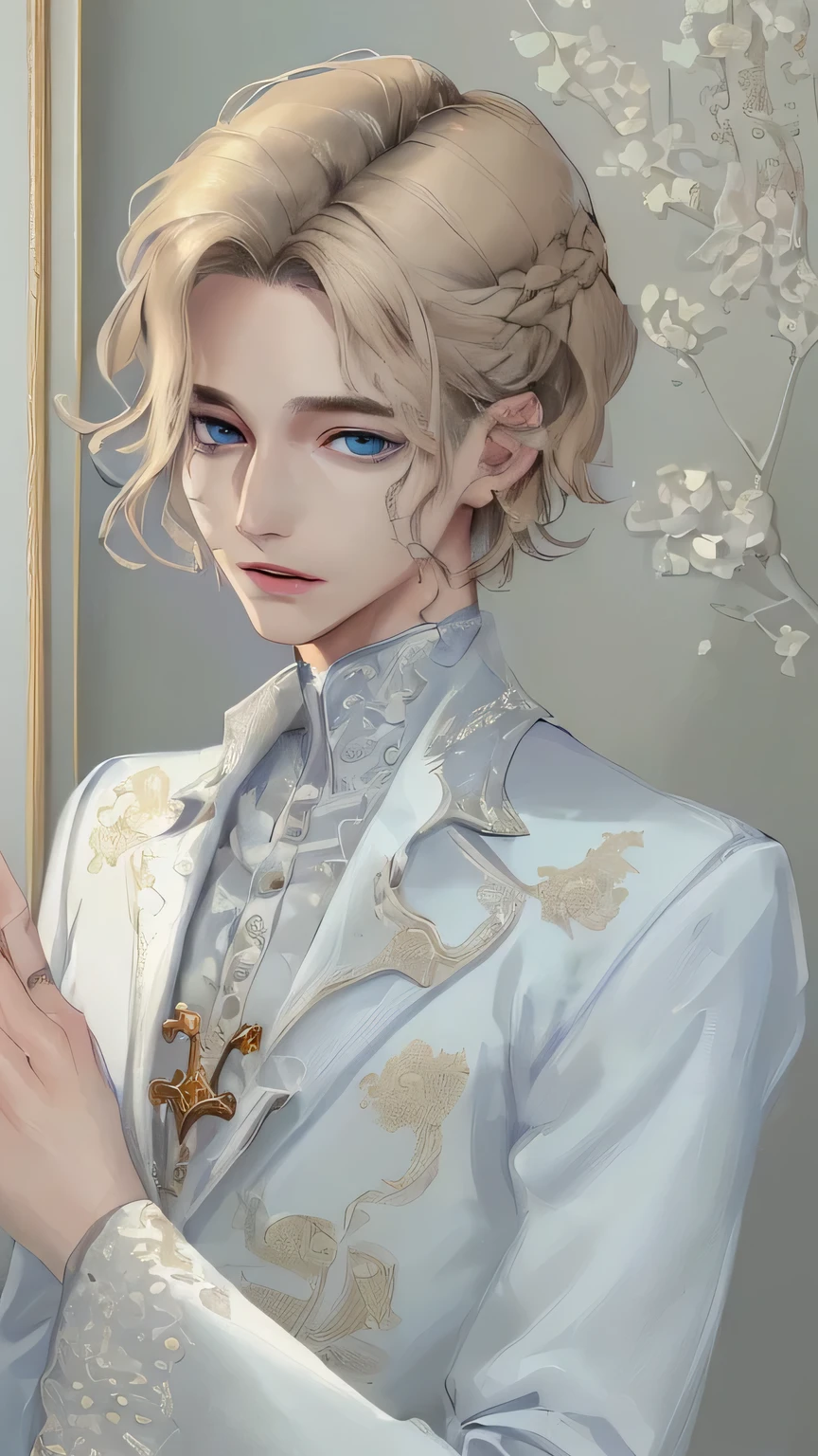 (masterpiece:1.2, best quality), (real picture, intricate details), 1man, painting, handsome, short hair, middle parted hairstyle, beige hair color, healthy skin, light blue eyes, perfect face, thin lips, not too dirty body, mature face, perfect features.