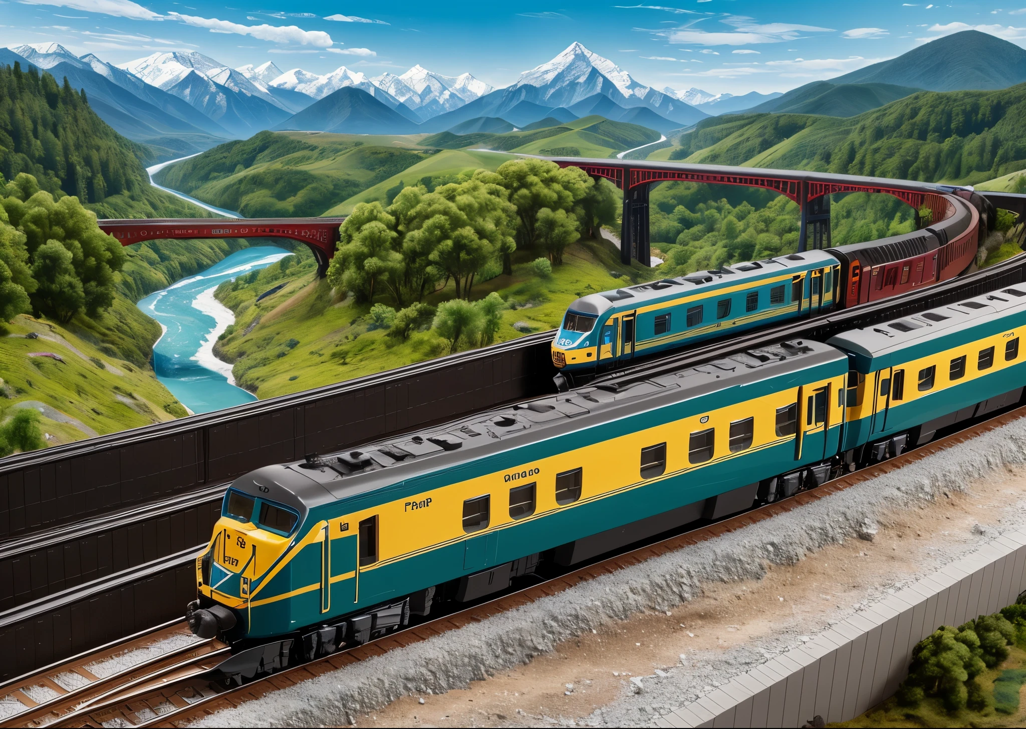 n scale train、A train running inside a diorama、Close-up、You can see mountains, rivers, railway bridges, etc.、High definition、high resolution、High color rendering、High resolution、Super realistic、photo realistic