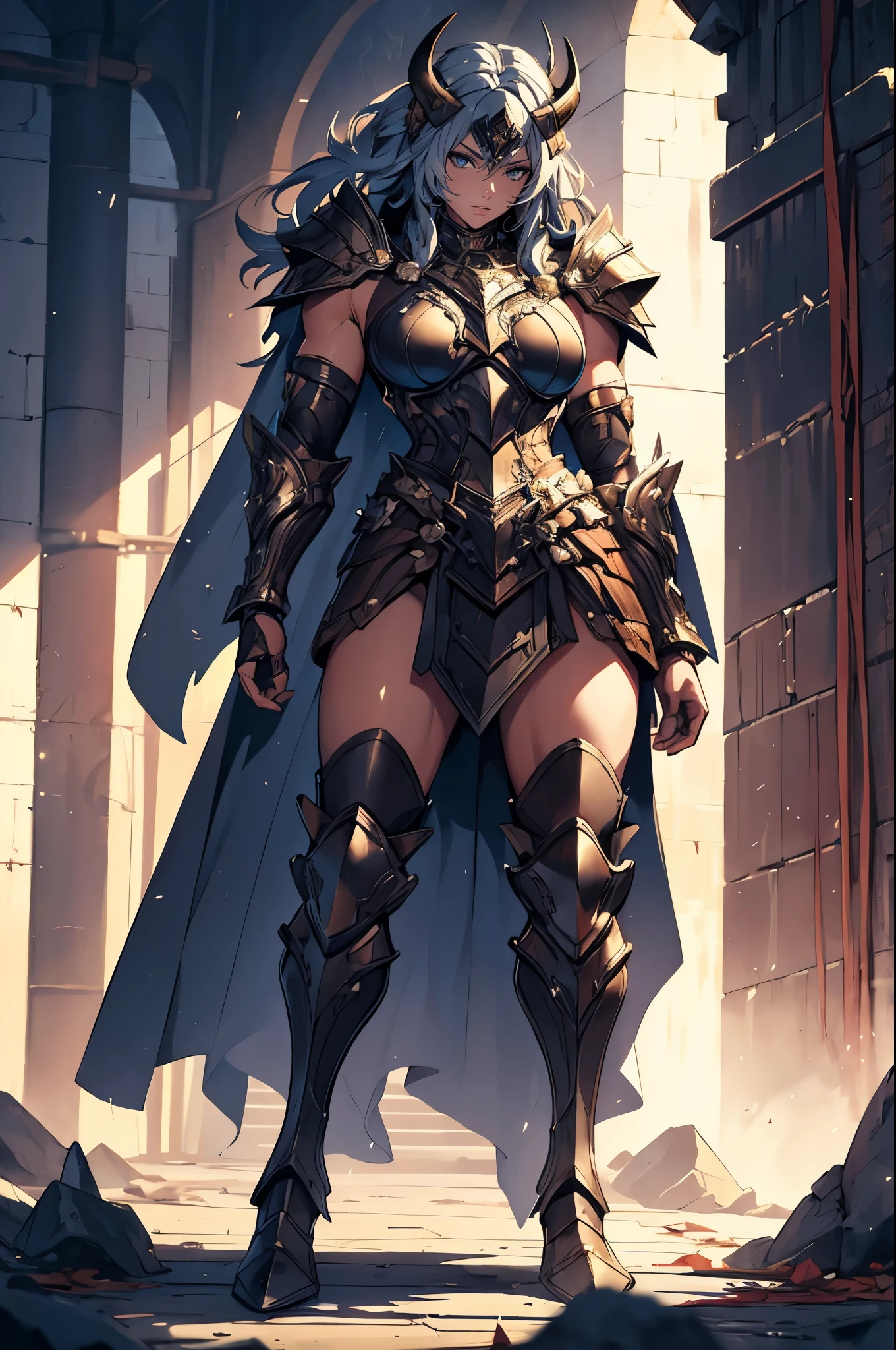 (best quality,highres:1.2),ultra-detailed,realistic,strong musculature,gorgeous muscular nordic goddess, a powerful aesir god, impressive horns, dynamic pose, intense blue eyes, long flowing hair, divine aura, warrior spirit, majestic presence, epic battle scene, ethereal background, dramatic lighting, mythical creatures, fiery atmosphere, fierce determination, mythical power, godlike strength, surreal art style, vibrant colors, stunning visual impact. The knight also wears (keyword:1.1) shoulder guards, arm guards or bracers (keyword:1.1), elbow guards, and gauntlets. (ultra-detailed) Each piece of armor is meticulously crafted, reflecting the knight's stature and strength. The shoulder guards (keyword:1.1) extend to provide additional protection to the knight's upper body. The arm guards or bracers (keyword:1.1) tightly secure around the knight's forearms, shielding them from any attack. The elbow guards (keyword:1.1) are strategically placed to safeguard the knight's joints. Moving down the knight's armor, there is a (keyword:1.1) tasset, protecting the knight's waist and lower abdomen. It is intricately detailed, with embossed patterns and decorative elements. The leg guards or greaves (keyword:1.1) extend from the knight's knees to their ankles, providing ample defense for their lower limbs. The knee guards (keyword:1.1) are specifically designed to shield the knight's knees, offering protection during combat. The foot greaves (keyword:1.1) cover the knight's feet, ensuring their entire lower body is safeguarded. Underneath the armor, the knight wears a (keyword:1.1) gambeson, a padded garment that provides comfort and additional protection. The gambeson is neatly (keyword:1.1) strapped and secured, ensuring it does not hinder the knight's movement. Various (keyword:1.1) straps and belts are used to hold the armor pieces in place and add extra support to the knight's attire.(((small breasts)))
