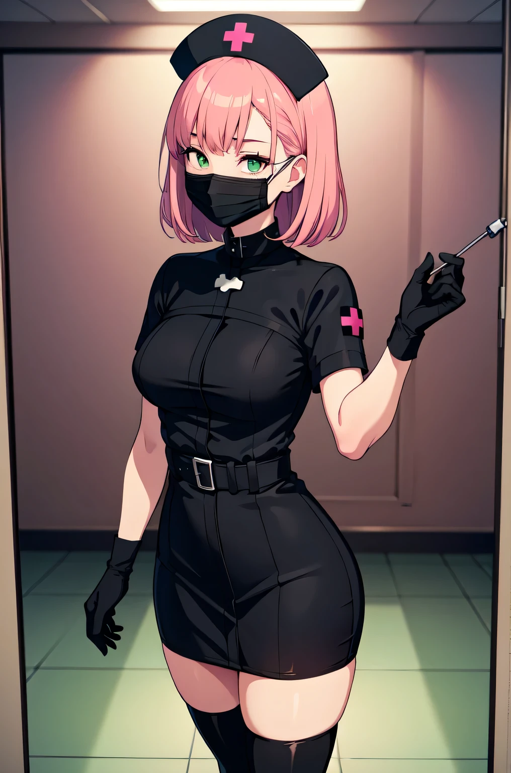 black nurse, 1woman, solo, black nurse cap, black nurse uniform, ((black legwear, zettai ryouiki)), black elbow gloves, pink hair, green eyes, drooping eyes, ((black surgical mask, covered nose)), standing, ((surgery room)), sharp outline, short sleeves, mature female, 32 years old, best quality, masterpiece