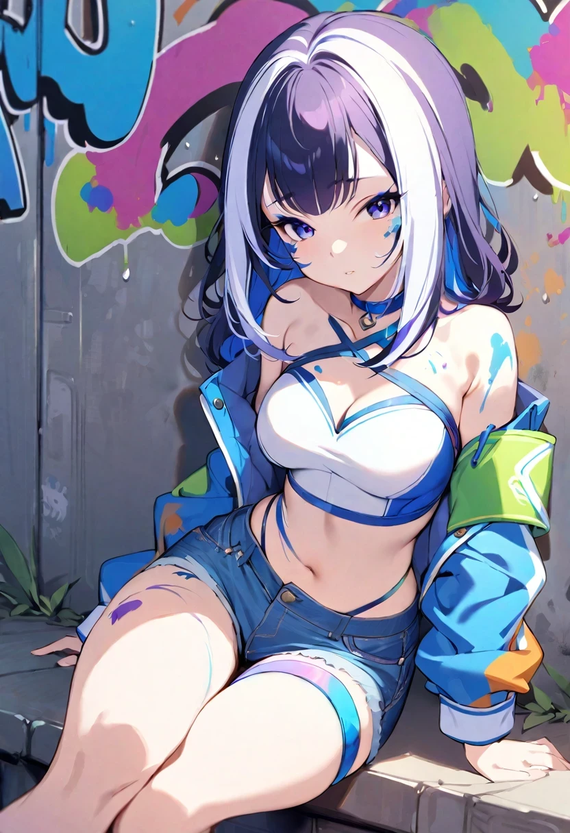 (((shy lily))),, masterpiece, best quality, 1 girl, alone, crop top, Denim shorts, collar, (Graffiti:1.5), paint splatter, against the wall, looking at the audience, armband, thigh strap, Apply to body, head tilt, boring, colorful hair, Cute eyes,