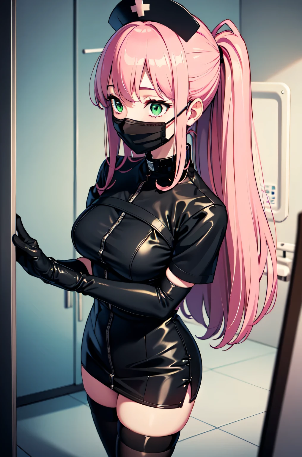 black nurse, 1woman, solo, black nurse cap, black nurse uniform, ((black legwear, zettai ryouiki)), black elbow gloves, pink hair, green eyes, drooping eyes, ((black surgical mask, covered nose)), standing, ((surgery room)), sharp outline, short sleeves, mature female, 32 years old, best quality, masterpiece