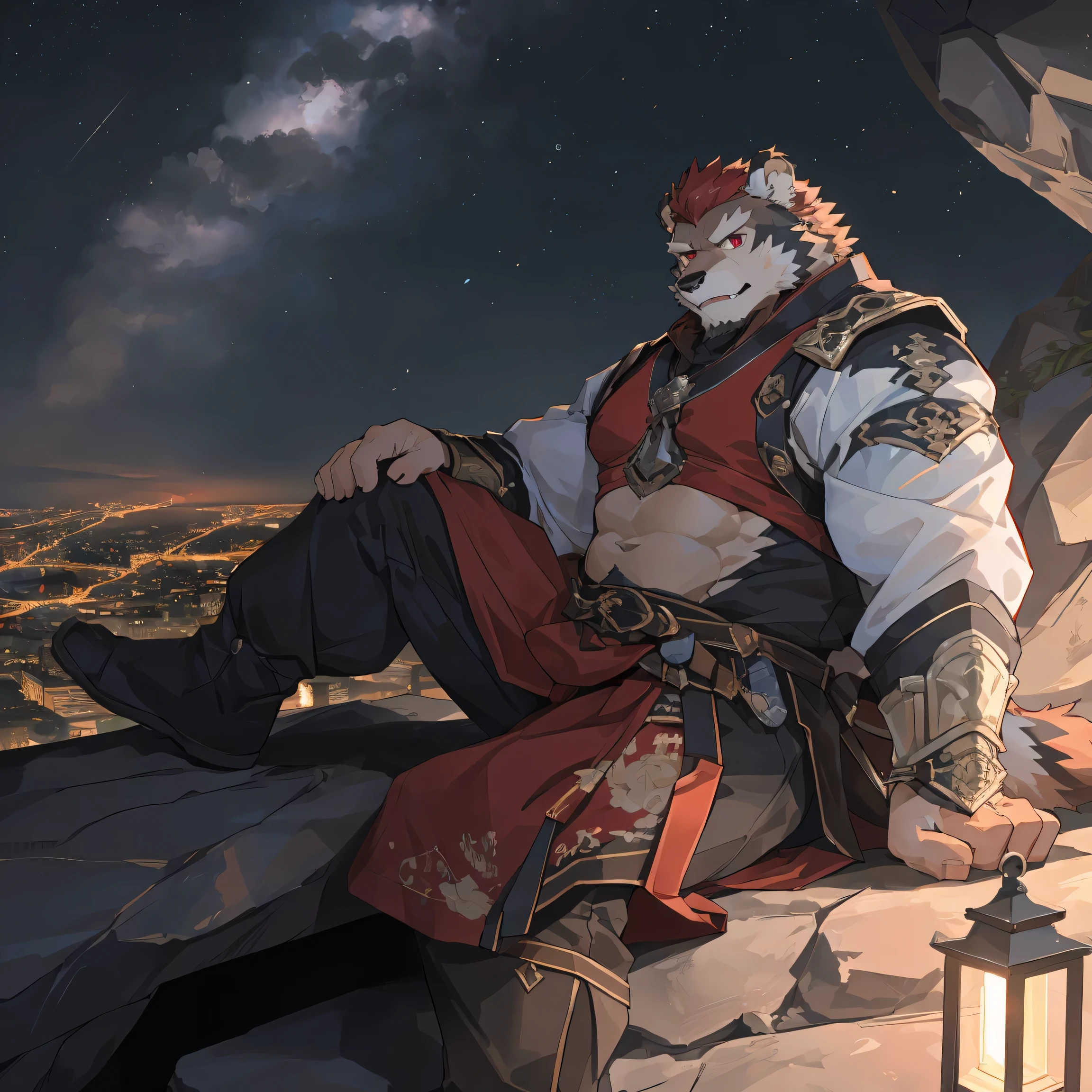 (panda),(赤红流火General战袍),Holding a long sword,坚Strong姿态,Sitting calmly on the edge of the cliff,(The brightly lit city is in the background.:1.2),abdominal muscles,heroic posture飒爽,完美的masterpiece,Various facial details,distance perspective,specific description,masterpiece,CG,(Red eyes),dark red pattern,dark tail,General,heroic posture,Huge bear,light gray fur,specific facial details,Half body,(赤红General战履),(Chang Ling),((middle aged)),(Face focus),(16K),HD,Abdomen red and white,temple,beard,(Noodle),different students,(Crimson Ancient Battle Robe),(dark red hair),Strong,muscle,(High resolution:1.3),(Sitting on the edge of the cliff watching thousands of lights)