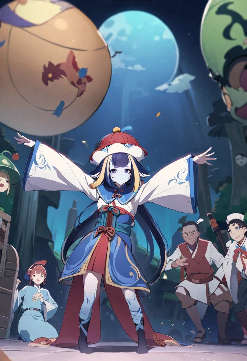 (((shy lily))), jiangshi, girl, blue hair, blue skin, There is blessing on the head, Chinese paper on head, in the forest, blue soul in the air, 4K, permanent, 4K, Stretch arms forward, Zombie location
