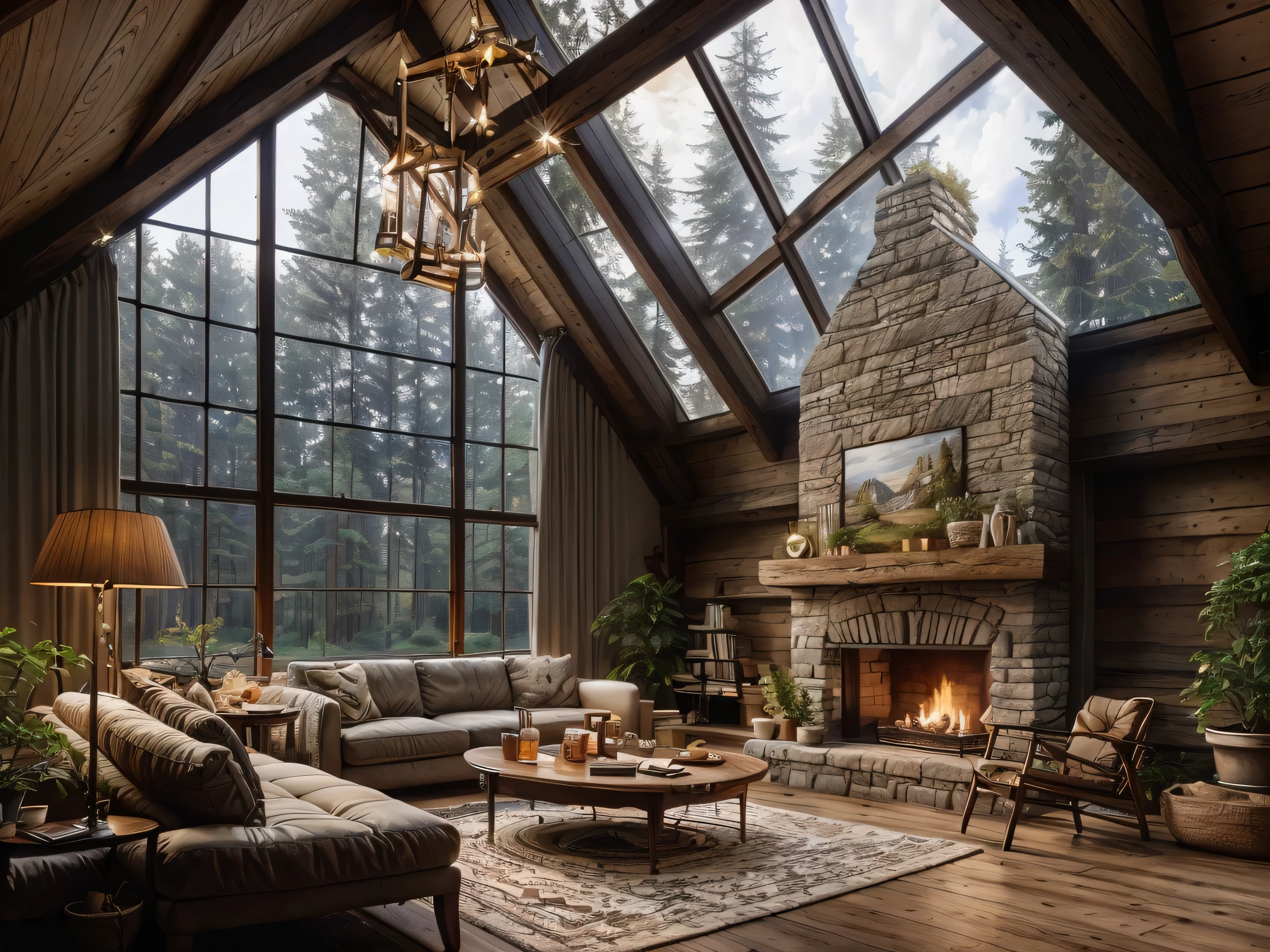 arafed living room with a fireplace and a large window, warm interior, warm living room, cozy place, detailed natural lighting, cozy living room, cozy living room interior, cosy atmoshpere, cozy environment, large glass ceilings, rendered in corona, soothing and cozy landscape, cozy and peaceful atmosphere, epic natural light, cozy home background, cozy and calm