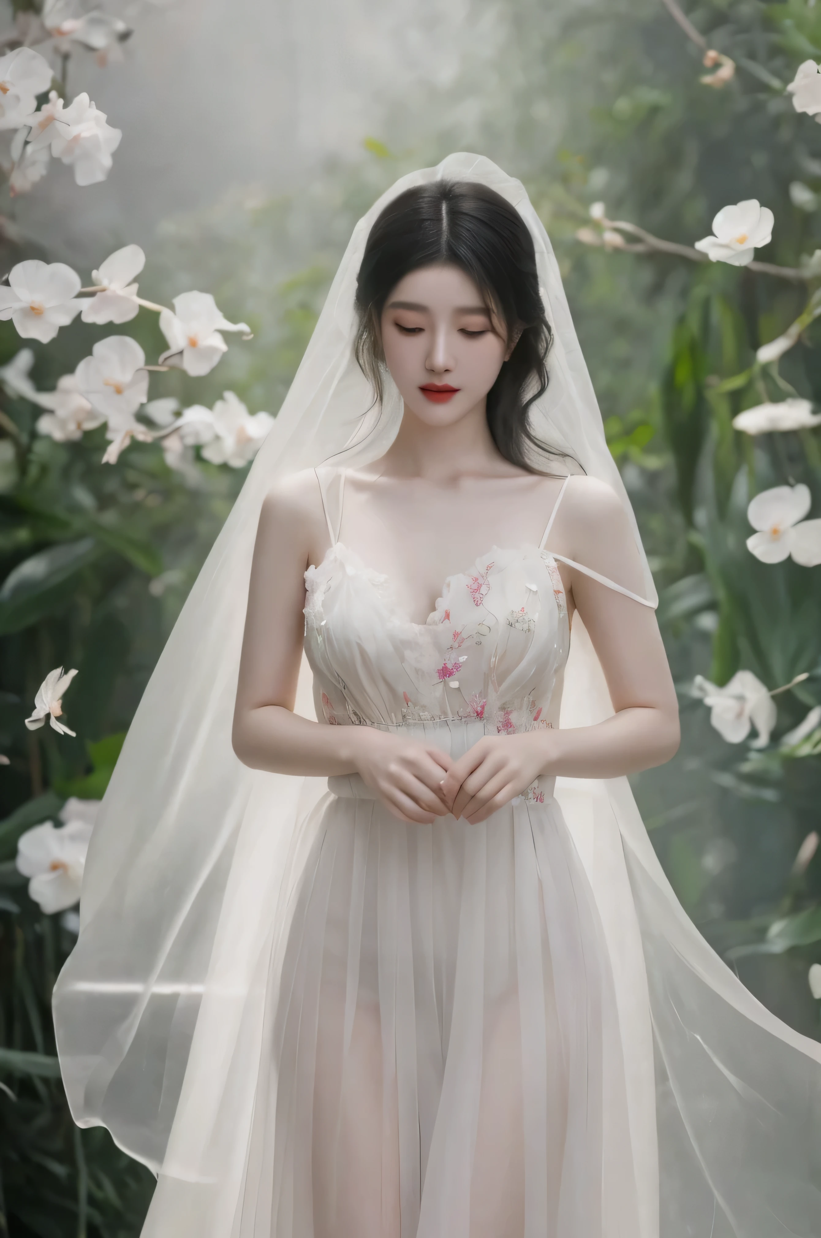 （（best quality，masterpiece，8K：1.4））a korean girl，pretty face，actual：1.3，lifelike，surrounded by white phalaenopsis petals，，lifelike照片，Sexy，big breasts，split，skirt，light color，embroidery，Wrapped in seductive flesh，translucent clothes：1.4，light color薄纱，Light and flowy，translucent body，translucent skin，Clothes that are as soft as liquid，take off shoulders，Suspenders，silk，（soaked clothes：1.2），Long black hair blown by the wind，blurred background