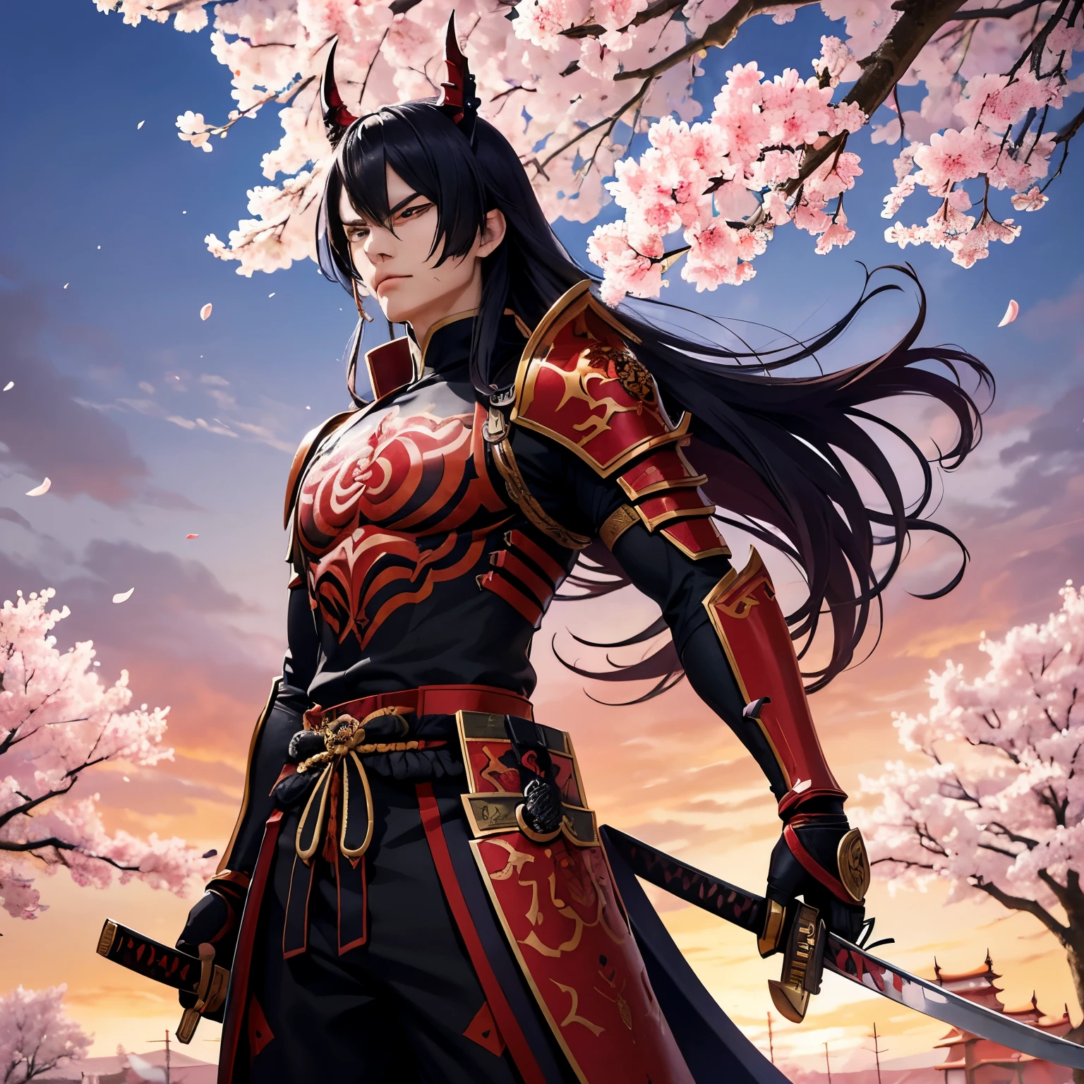 Anime-inspired scene from Japan: A fierce warrior, with intricately designed tattoos covering his face, clutches a menacingly sharp devil-themed katana. Dressed in full armor, he stands tall and ready for battle under the vibrant, hyper-realistic cherry blossom trees. The sun sets in the background, casting golden rays of light on his glistening armor, adding an unparalleled beauty to the scene. (anime-inspired Japan, tattooed face warrior, devilish katana, full armor, cherry blossoms, vibrant colors, hyper-realistic)