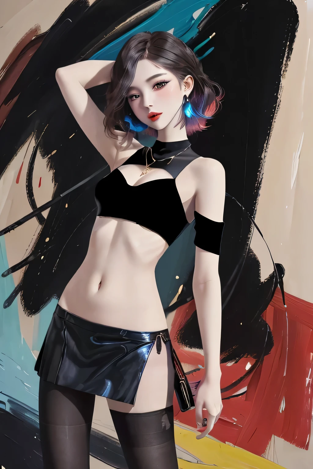 1woman wearing trendy clothes, in an abstract oil painting style, fashion show, The painting is ultra-high detailed and has a resolution of 8k, showcasing the best quality and craftsmanship. The background is colorful, with a touch of fog and smoky, creating a mysterious atmosphere.the city that never sleeps、oilcolor Touch,(a woman:1.2), , luminous design, vivit colours,spring lights,Artistic,azure, red
(black pantyhose:1.1), black high heels, black short skirt