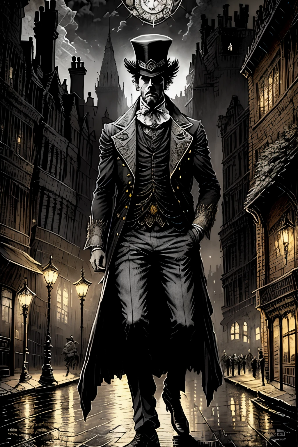 estilo de desenho de gustavedore , realistic illustration of a detective wearing (sobretudo:1.1) and hat , in a Victorian London city at night,  Epic lighting, cinematic lighting,  high resolution, (imagem detalhada:1), detalhes insanos,   (altamente detalhado:1.2)