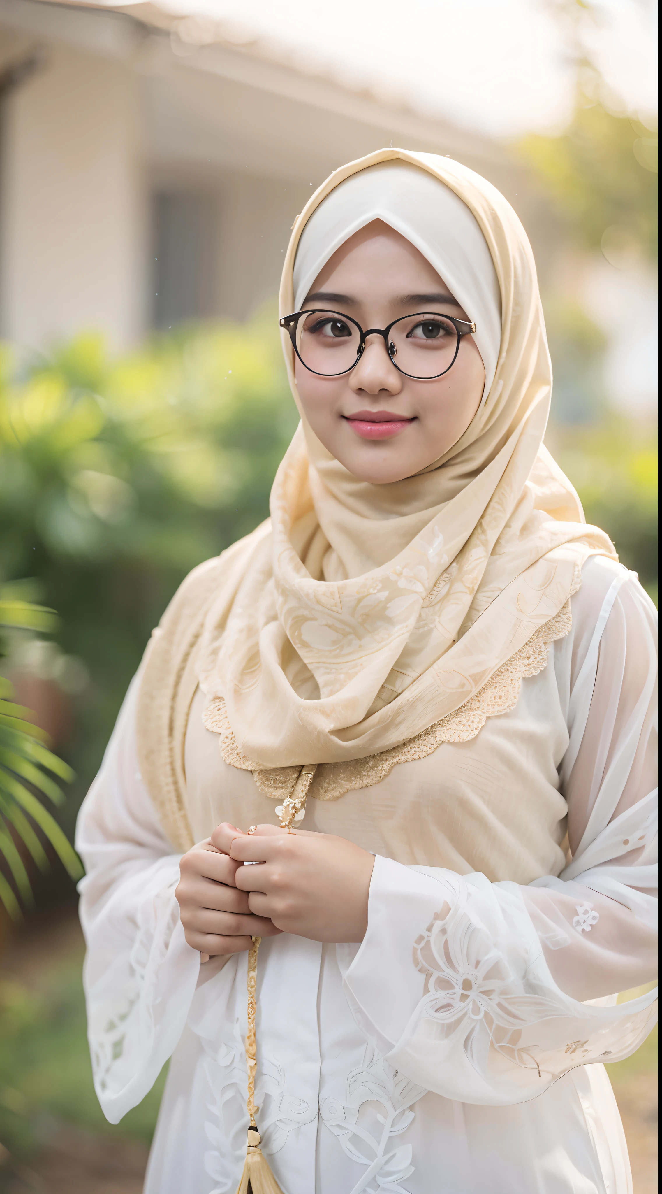 Young Malay girl college student portrait photography taken using canon EOS-1D X Mark III, eyewear, student id tag with lanyard, cowboy shot, garden background, bokeh, white fair skin, bright lighting, beautiful malay girl, curvy body, pastel color shawl style hijab, high quality, ultra detail, 8k, realistic,
