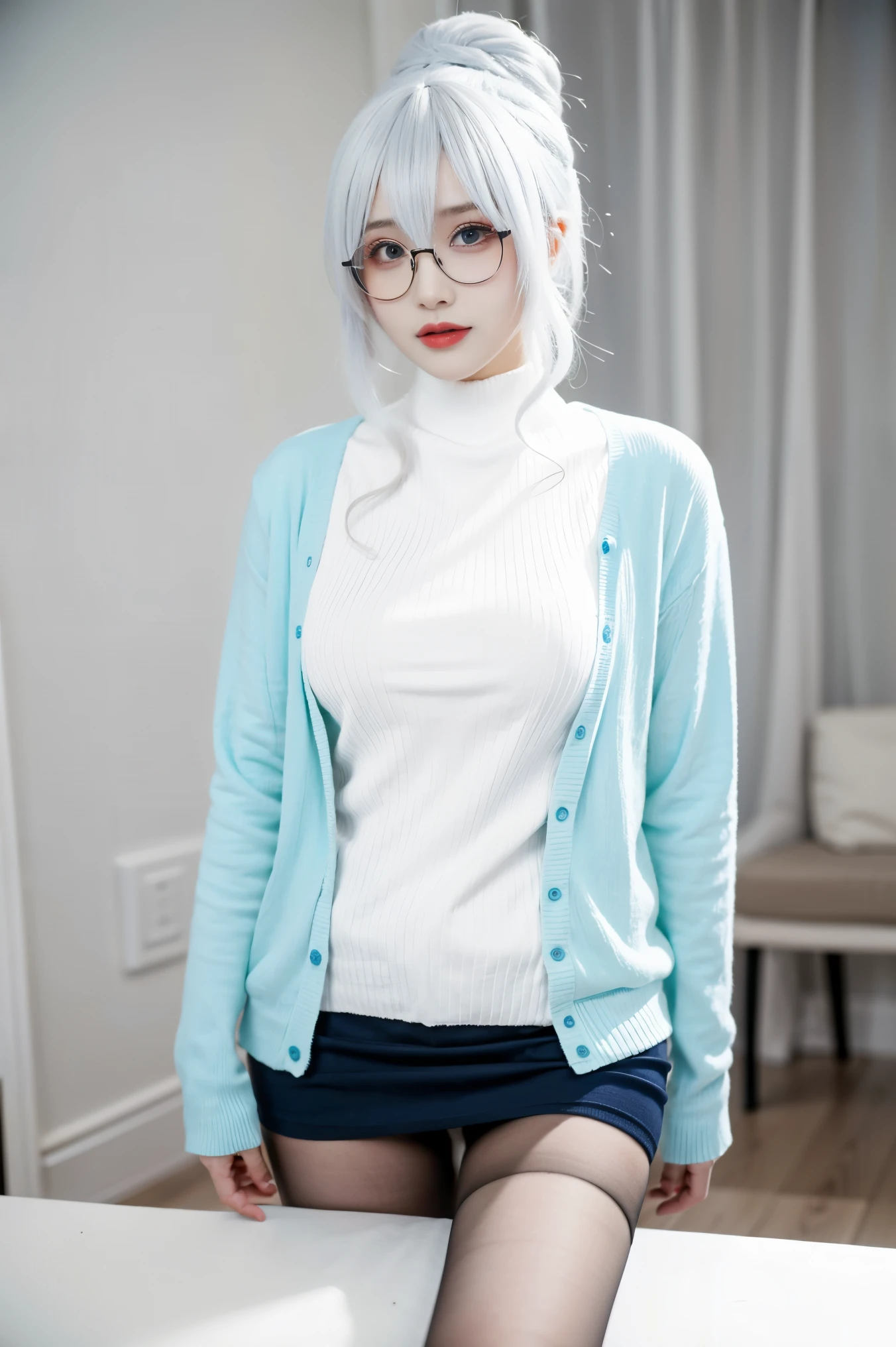 （tmasterpiece，best qualtiy，ultra - detailed，illustratio）ultra-detailed,highly detailed,best quality,masterpiece,illustration,
1girl,xuenv,cosplay, upper body, 
Blue sweater,shirt,open cardigan, skirt,hair bun,bangs, white hair, Glasses,
