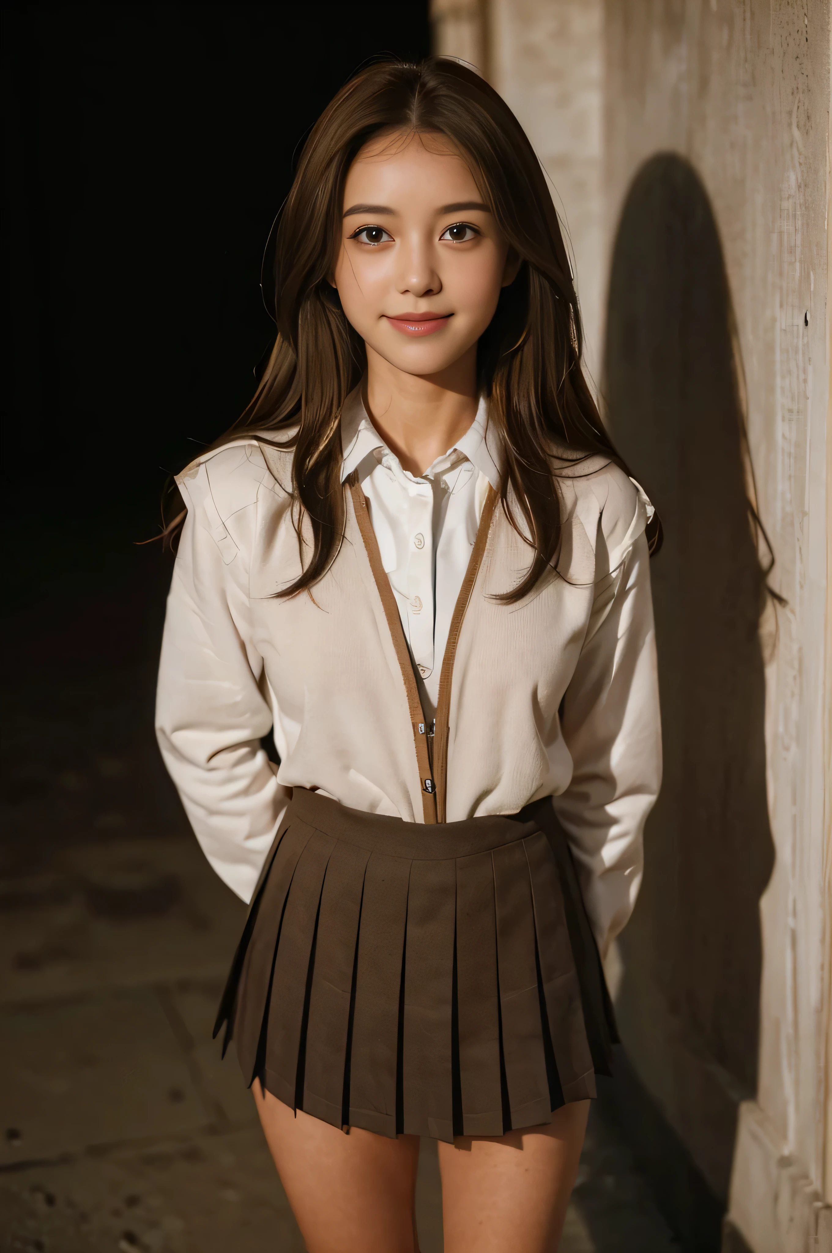 ((Beautiful Japanese Girls:1.3)) ((School uniform:1.4)) ((Panty shot:1.5)) ((high school)),((Red Skirt:1.3)) ((In the classroom:1.3)) ((thin_fibre:1.4)) ((Random sexy poses:1.3)) ((Sweaty:1.5))((Blushing:1.4)) ((Big Breasts:1.1)) ((close:1.2)) highest quality,masterpiece,Ultra-high resolution,(Realistic:1.4),Raw photo,(Authentic skin texture:1.3),(Film Grain:1.3),Panorama,Portraits,Very wide shot,Small waist,Cowboy Shot,(Dark Inn, Deep Shadow, Modest, Cold Light,) night,(()),Tears flow,,Dust,Tyndall effect,(Performance),One girl,Beautiful and detailed eyes and face,White Jabot,Brown eyes,((Brown Hair:1.2)) ((whole body)) ((smile:1.3))((Loosely inward wavy hair:1.2)),((Gold Necklace_Large earrings:1.2)),((Extra long brown hair:1.2))((White long sleeve button up blouse_With collar_Remove up to the second button_Brown pleated mini skirt:1.3)),((A shy smile:1.3)),((look down at the viewer,from below:1.5)),