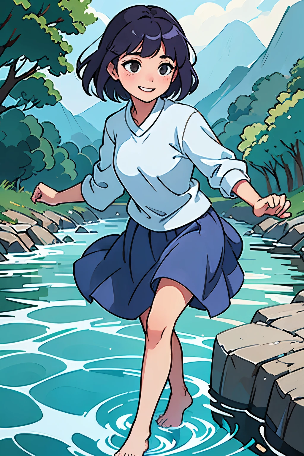 river flows、A woman is putting her feet in the river、gentle smile、refreshing breeze