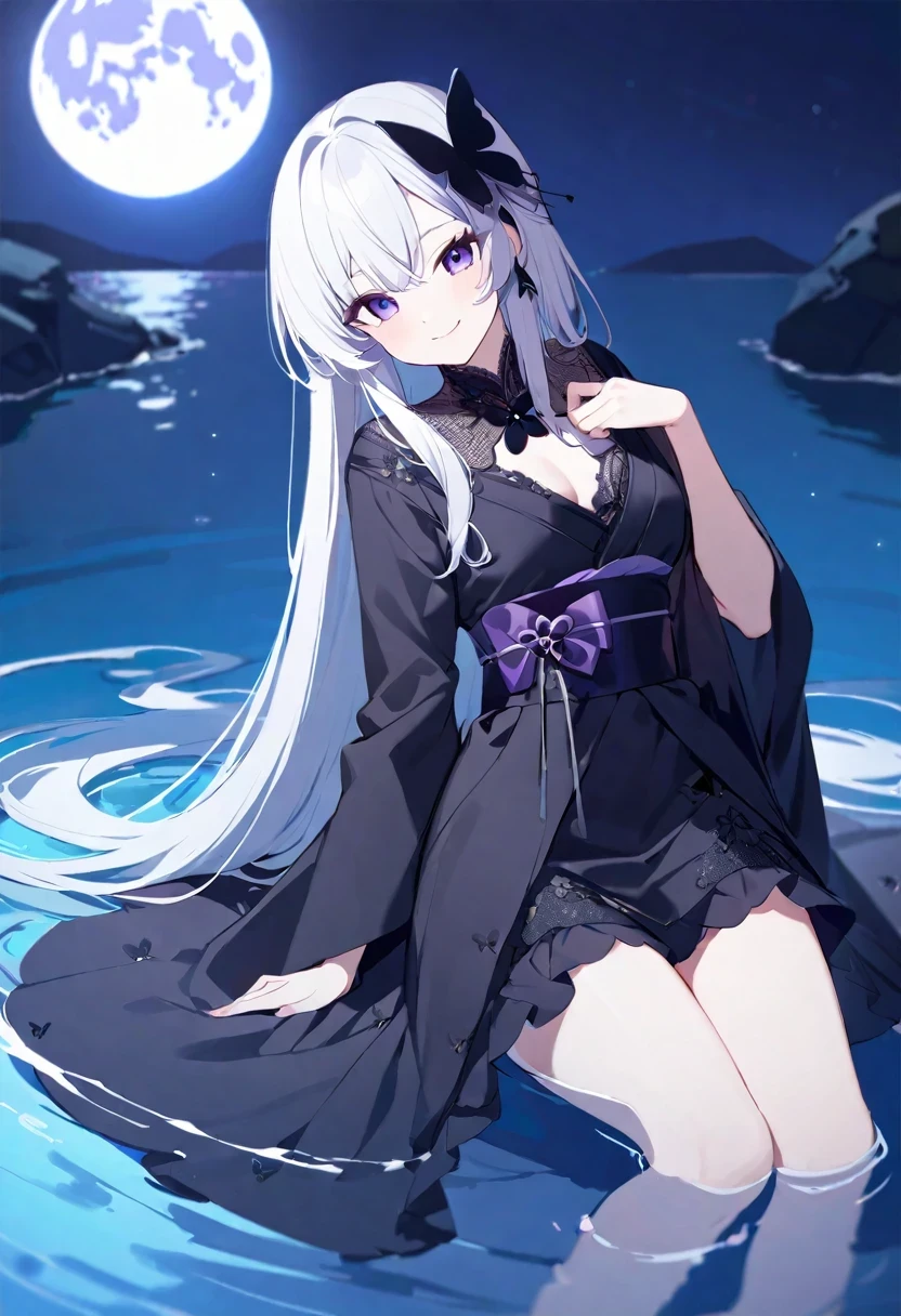 32k, Perfect body, Lovely , Lovely smile, Lovely dress, long hair, white hair, black skirt, ((Black butterfly)), ((Black butterfly hair ornament)), ((Black butterfly shaped brooch)), ((Black butterfly dress)), ((black light particles)), (((Beautiful quality))), ((black kimono)), ((black japanese clothing)), (((floor on water))), ((full moon)),