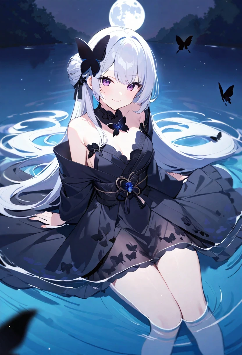 Anime girl with blue eyes and white hair sitting on a boat in the water,water crystal glowing eyes, sea butterflies, night raid, fairy light, very deep sea, glowing long hair, nightcore, very ethereal, stagirlr dress, Adorable smile、looking at the camera、put flowers and leaves on your head、digitalis, best anime 4k konachan wallpaper, top rated on pixiv