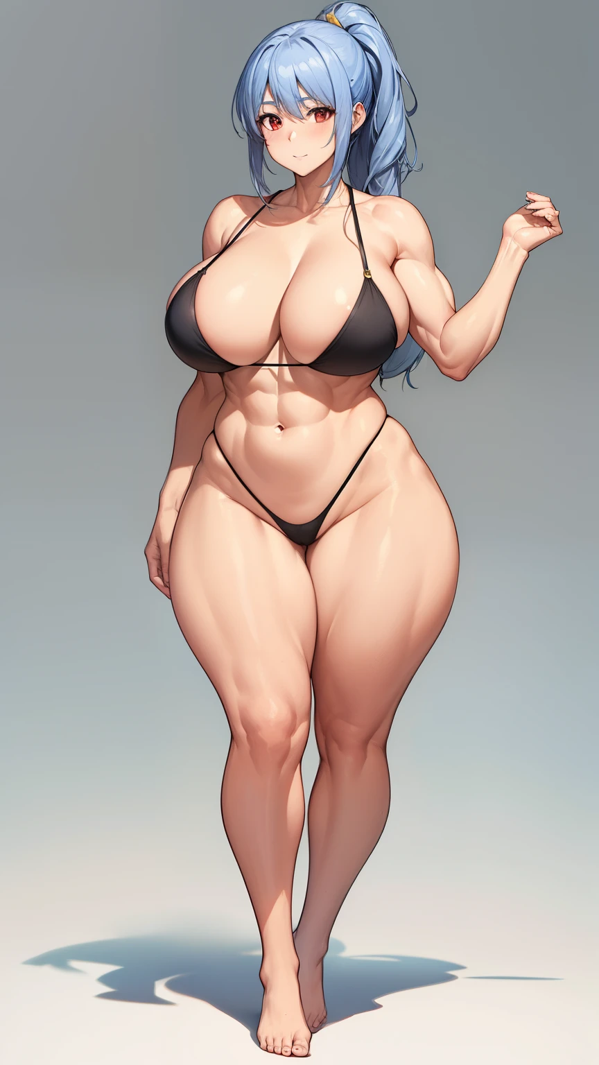 Amazon Woman, slim but muscular body, huge breasts, long legs, blue hair, ponytail hairstyle, red eyes, I don't have shoes, combat uniform, 8K, hd, masterpiece, full body, white background, full body shot, mature woman, mature woman, Rich waist circumference, big butt, plus size model,