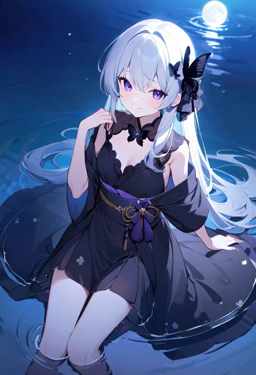 32k, Perfect body, Lovely , Lovely smile, Lovely dress, long hair, white hair, black skirt, ((Black butterfly)), ((Black butterfly hair ornament)), ((Black butterfly shaped brooch)), ((Black butterfly dress)), ((black light particles)), (((Beautiful quality))), ((black kimono)), ((black japanese clothing)), (((floor on water))), ((full moon)),