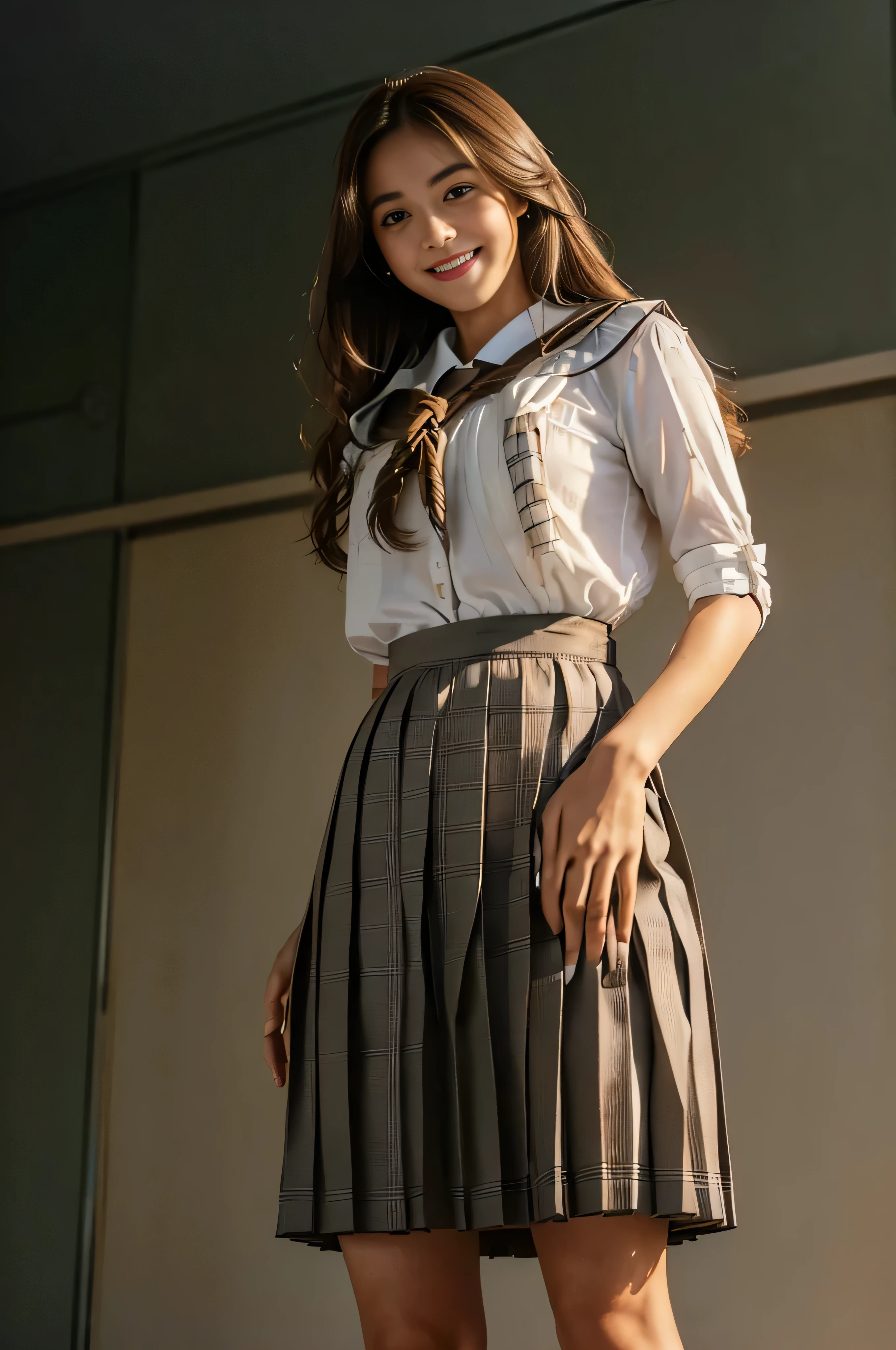 look down at the viewer,((from below:1.5)),((beautiful girl:1.3)) ((school uniform:1.5)) (((smile:1.2)) ((Medium chest:1.2)) () ((close:1.3)) highest quality,masterpiece,ultra high resolution,(realistic:1.4),Raw photo,(real skin texture:1.3),(film grain:1.3),panorama,character portrait,very wide shot,tight waist,cowboy shot,(in the dark, deep shadow, private key, cold light,) night,(()),flowing tears,,dust,Tyndall effect,(performance),,Beautifully detailed eyes and face,white jabot,brown eyes,((brown hair:1.2)) ((full body:1.3))((In the classroom at dusk))((With her left hand on her hip:1.4))((Pleated skirt with lots of checked pleats:1.3)),legs are tightly closed