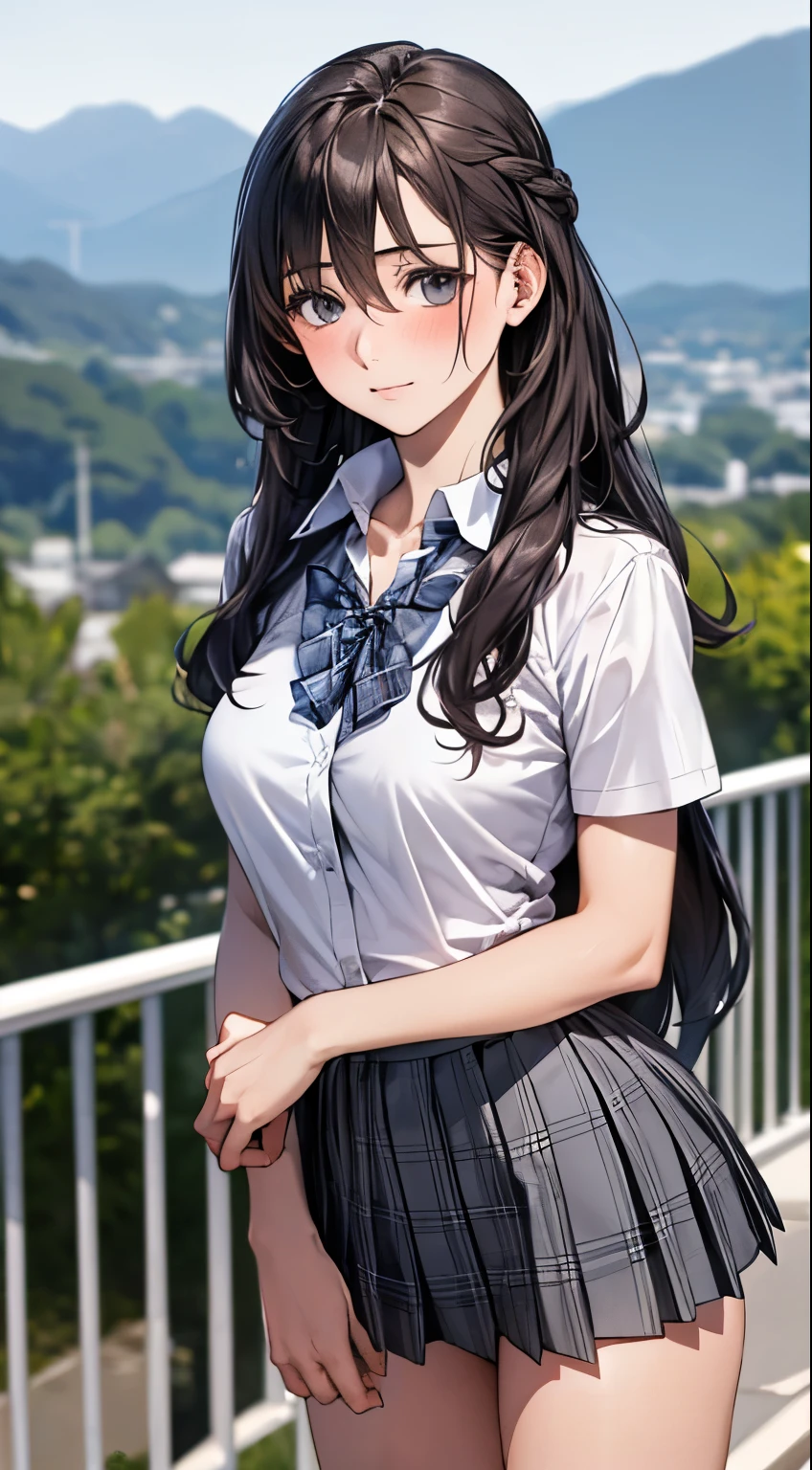(masterpiece:1.2, highest quality), (realistic, photorealistic:1.4), beautiful illustrations,
looking at the viewer, full body, Front view:0.6,
1 girl, Japanese, high School girl, (long hair:1.5), blown hair, (half up, half updo), bangs, hair between eyes, big breasts:0.8,
beautiful hair, beautiful face, detailed and beautiful eyes, beautiful clavicle, beautiful body, beautiful breasts, beautiful thighs, beautiful feet, beautiful fingers,
(beautiful scenery), , School,
((collared short sleeve shirt, white shirt, , Grey plaid pleated skirt, blue plaid bow tie)), white panties,
(Are standing, , lift the skirt, grab the hem of the skirt, put your hand on your chest, hand between legs),
blush, ,
