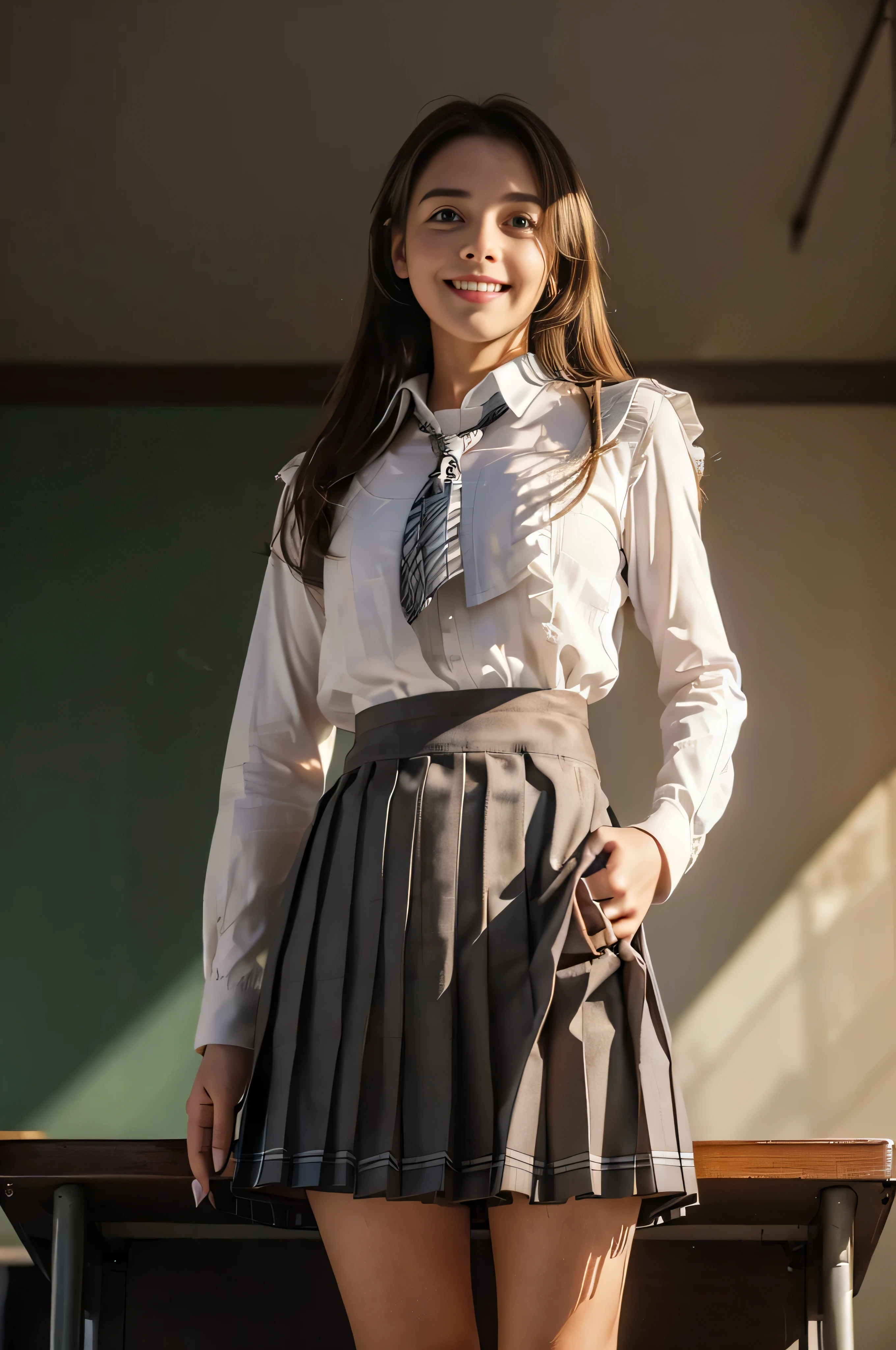 look down at the viewer,((from below:1.5)),((beautiful girl:1.3)) ((school uniform:1.5)) (((smile:1.2)) ((Medium chest:1.2)) () ((close:1.3)) highest quality,masterpiece,ultra high resolution,(realistic:1.4),Raw photo,(real skin texture:1.3),(film grain:1.3),panorama,character portrait,very wide shot,tight waist,cowboy shot,(in the dark, deep shadow, private key, cold light,) night,(()),flowing tears,,dust,Tyndall effect,(performance),,Beautifully detailed eyes and face,white jabot,brown eyes,((brown hair:1.2)) ((full body:1.3))((In the classroom at dusk))((With her left hand on her hip:1.4))((Pleated miniskirt with lots of checked pleats:1.3)),legs are tightly closed