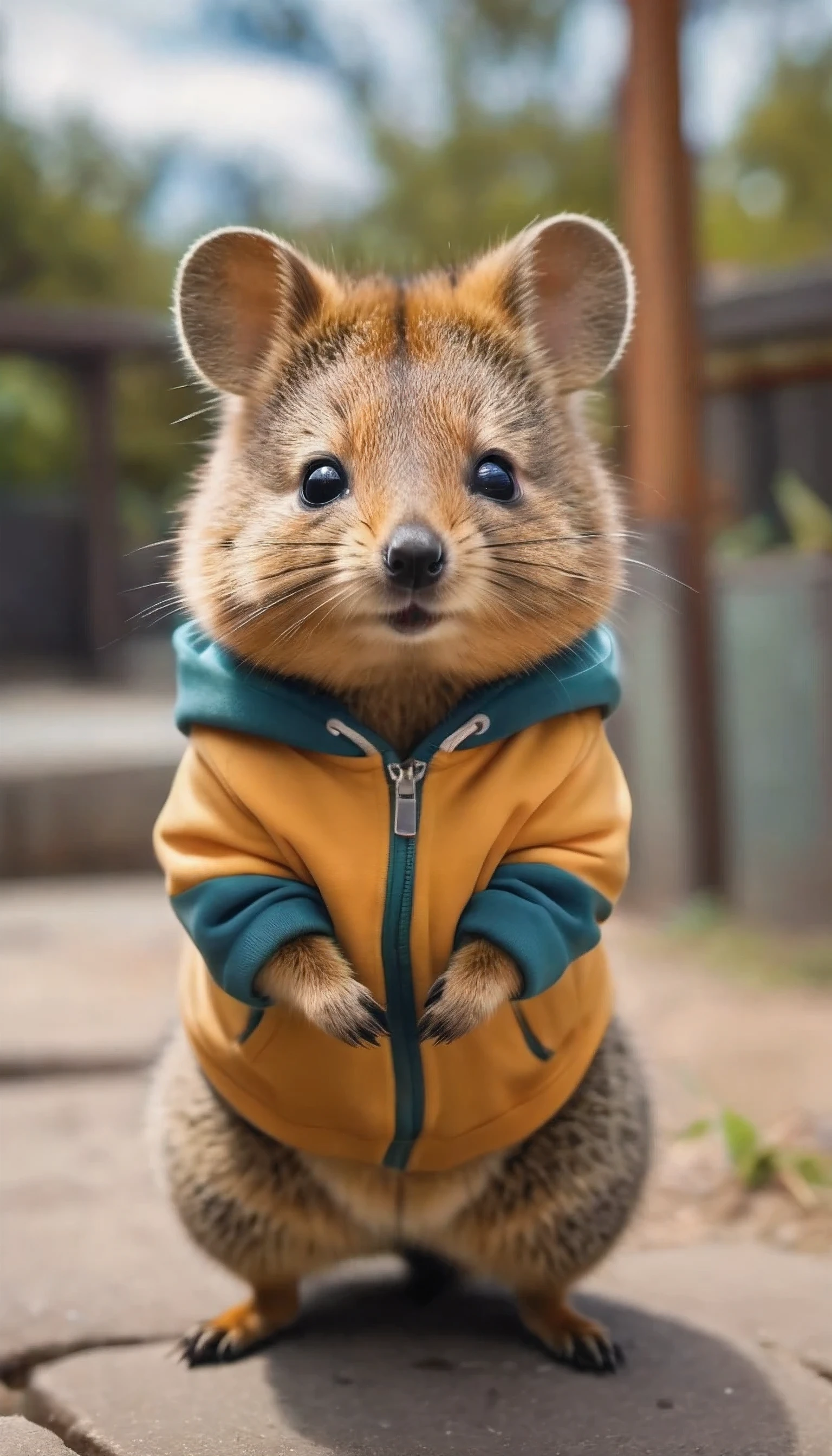 Perfect Centering, cute quokka, put on a sweatshirt, wears dark glasses, cheerful, stand pose, Abstract beauty, In the center, facing the camera, getting closer to perfection, Dynamic, This is very detailed, smooth private parts, Focus is sharp, 8 k