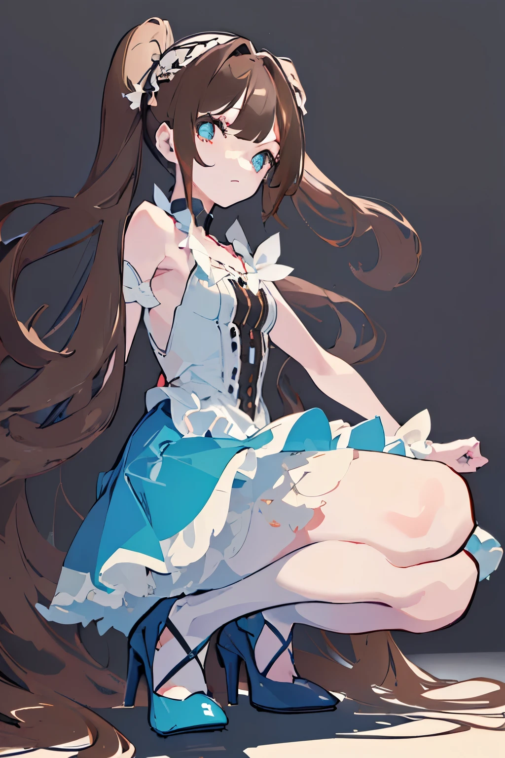 (((masterpiece))),(((bestquality))),((ultra-detailed)),(illustration),((anextremelydelicateandbeautiful)),dynamicangle,kneeling,(beautifuldetailedeyes),(detailedlight) (1girl), solo, long_hair,glowingeyes,brown hair,browneyes, messyhair, halterdress, atdan, blue background, side view, low shoulders, sad, depressed pose, defeated, looking down, skirt, floating hair, messy hair, wearing high heels