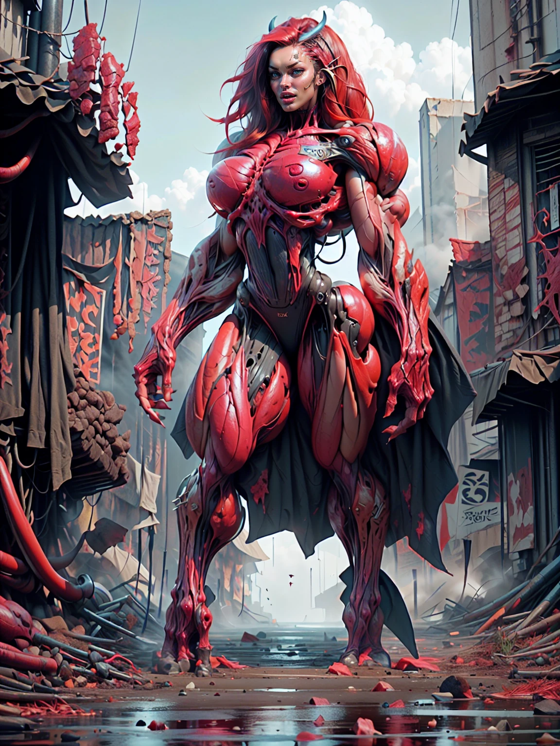 (1 girl), (megan fox:1.25), (long red hair), (carnage skinless physique:1.25), (1 super muscular undead skinless succubus with gigantic horns:1.25), (covered in red necrotic rotting skinless muscle:1.25), (exposed muscles & veins everywhere:1.25), (perfect fingers:1.25),(8k, RAW photo, photorealistic:1.25), dark horrific scary atmosphere, hellish landscape, Hellraiser like atmosphere,