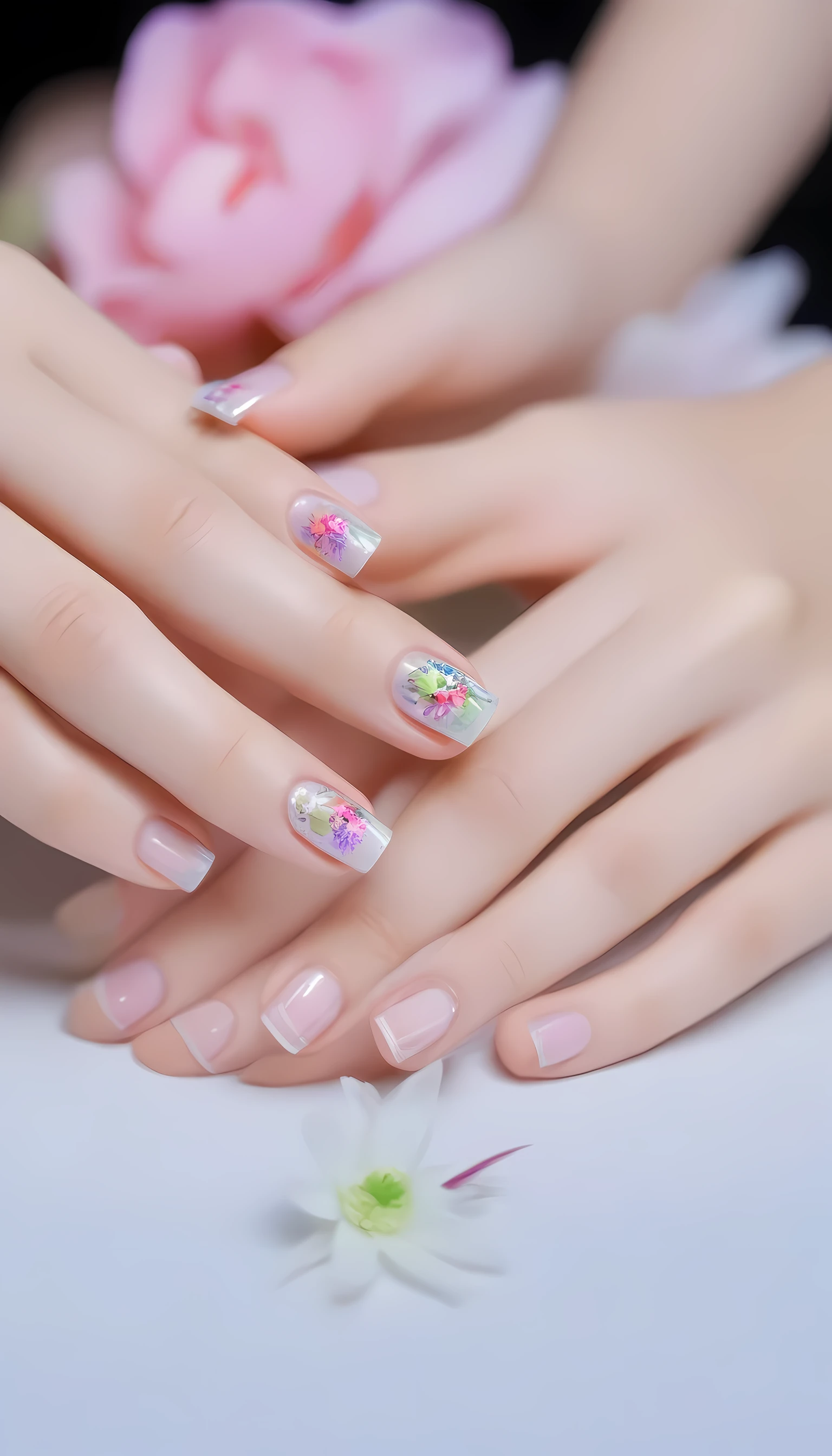 (best quality,4K,high resolution,masterpiece:1.2),Super detailed,(actual,photoactual,photo-actual:1.37),(nail design:1.5),modern Art,(Manicure:1.2),(Close-up of nails:1.5),transparent/translucent medium,sharp focus,flower,ring,Hand holding nail polish glue,professional,bright colors,studio lighting