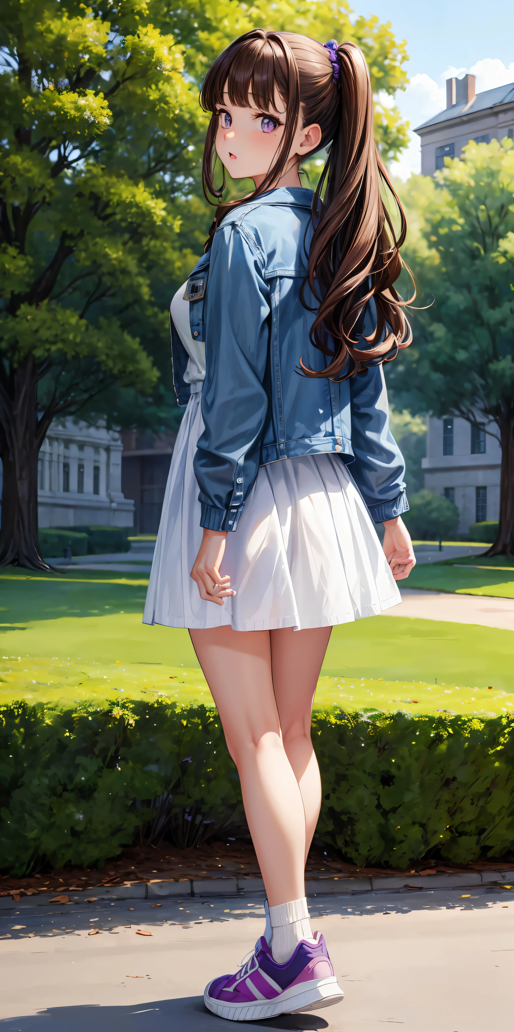 masterpiece:1.2, high quality, best quality, park, grass, chignon, blunt bangs, wavy hair, brown hair, purple eys, heart shaped pupils, looking back, one-piece, blue denim jacket, white skirts, ankle socks, Sneakers, 1 girl, surprised, contrapposto, shoot from front, full body