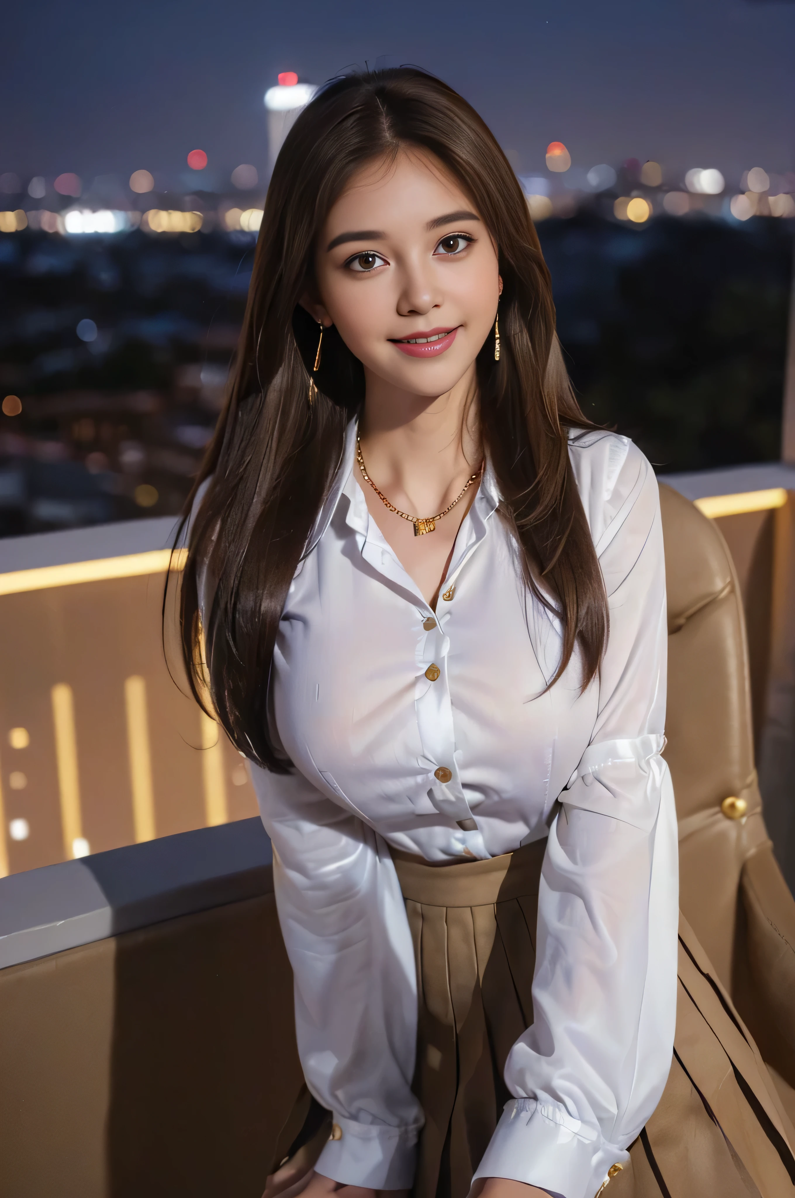 ((beautiful girl:1.3)) ((white long sleeve button up blouse_with collar_Delete up to the second button_brown pleated mini skirt:1.3)), (((smile:1.2)) ((big breasts:1.2)) () ((close:1.3)) highest quality,masterpiece,ultra high resolution,(realistic:1.4),Raw photo,(real skin texture:1.3),(film grain:1.3),panorama,character portrait,very wide shot,tight waist,cowboy shot,(in the dark, deep shadow, private key, cold light,) night,(()),flowing tears,,dust,Tyndall effect,(performance),,Beautifully detailed eyes and face,white jabot,brown eyes,((brown hair:1.2)) ((full body:1.3))(long straight hair_Hair reaching down to the waist:1.3))((shy smile:1.3)),((gold necklace_Larger earrings:1.2)),((sit in a chair, night view terrace background:1.3)),