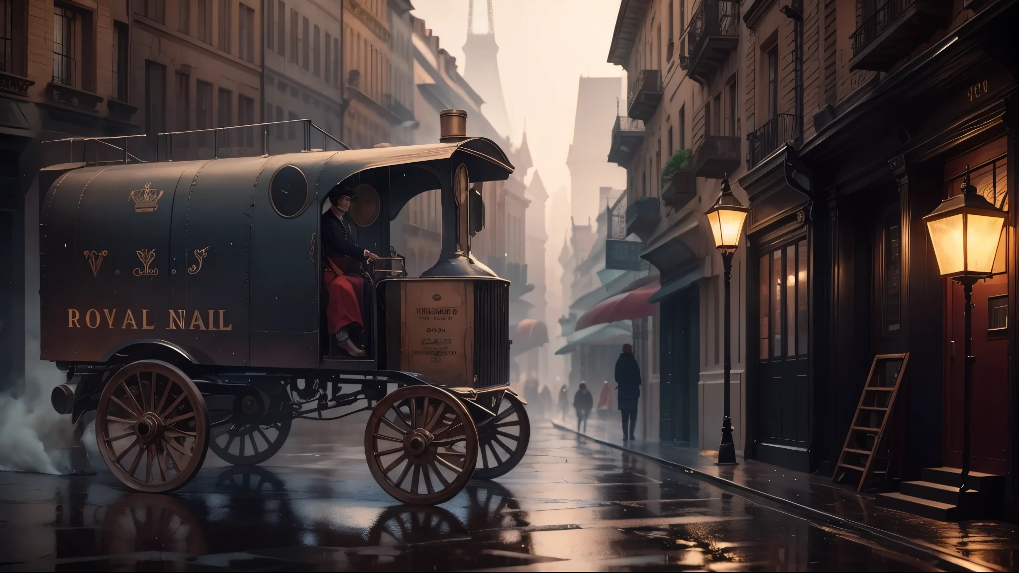 A steampunk mail truck in 1908 with the driver the weather is raining with the wet streets and old steampunk buildings around with the eiffel Tower in the background