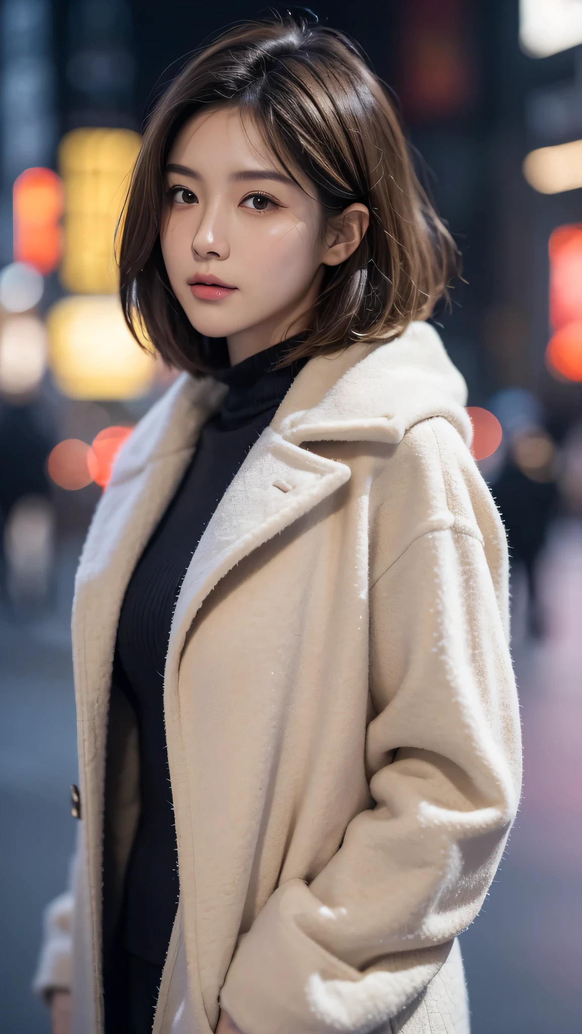 (masterpiece, best quality, hires, high resolution:1.2), (extremely detailed, intricate details), (medium close-up:1.2), in the night, in winter, (medium shot:1.2), (face focus:1.1), (soft focus:1.2), low lighting, (out of focus:1.2), photorealistic, raw, 8k, ((textured skin:1.1, skin pores:0.3, realistic skin:1.1)), intricate details, (ultra sharp image), 25 years old gravure girl, slender arms, light brown hair, wavy hair, ((short bob hair)), big breasts, ((complete closed mouth)), standing in Tokyo city, in the style of mono tone color, cold winter fashion clothes, with simple long wizard coat, natural beauty, close-up shot,