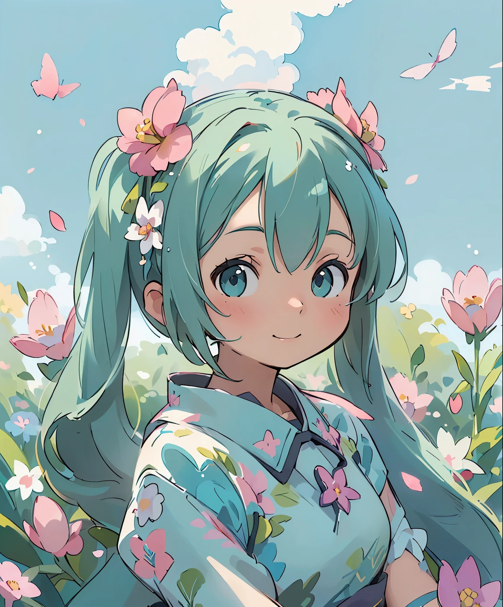 (masterpiece、highest quality、highest quality、official art、beautiful beautiful:1.2)、(1 girl:1.3)Hatsune Miku、twin tails,big breasts,girl with flowers, colorful petal floating in the sky, grassland, Happy, perfect quality, clear focus (Messy house: 0.8), (masterpiece: 1.2) (realistic: 1.2) (Bokeh) (highest quality) (fine skin: 1.3) (intricate details) (8K) (eye for detail) (sharp focus), (Happy)